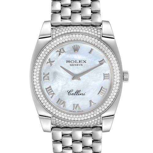 The image shows a front view of the Rolex Cellini 6321 Women's White Gold Mother of Pearl Dial 6321 Women's White Gold Mother of Pearl Dial watch, focusing on the dial, bezel, and part of the bracelet.