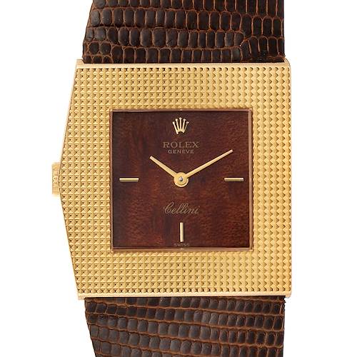 The image shows a close-up, front view of a Rolex Cellini 4126 Men's Yellow Gold Brown Dial 4126 Men's Yellow Gold Brown Dial watch highlighting its dial, bezel, and leather strap.