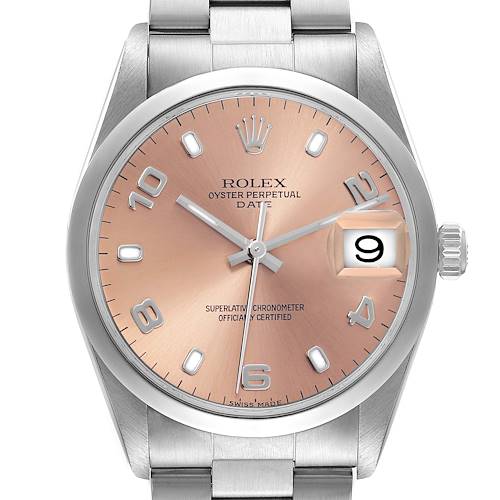 The image shows a front view of the Rolex Date 15200 Men's Stainless Steel Pink Dial 15200 Men's Stainless Steel Pink Dial model, displaying the dial, hands, bezel, and part of the bracelet.