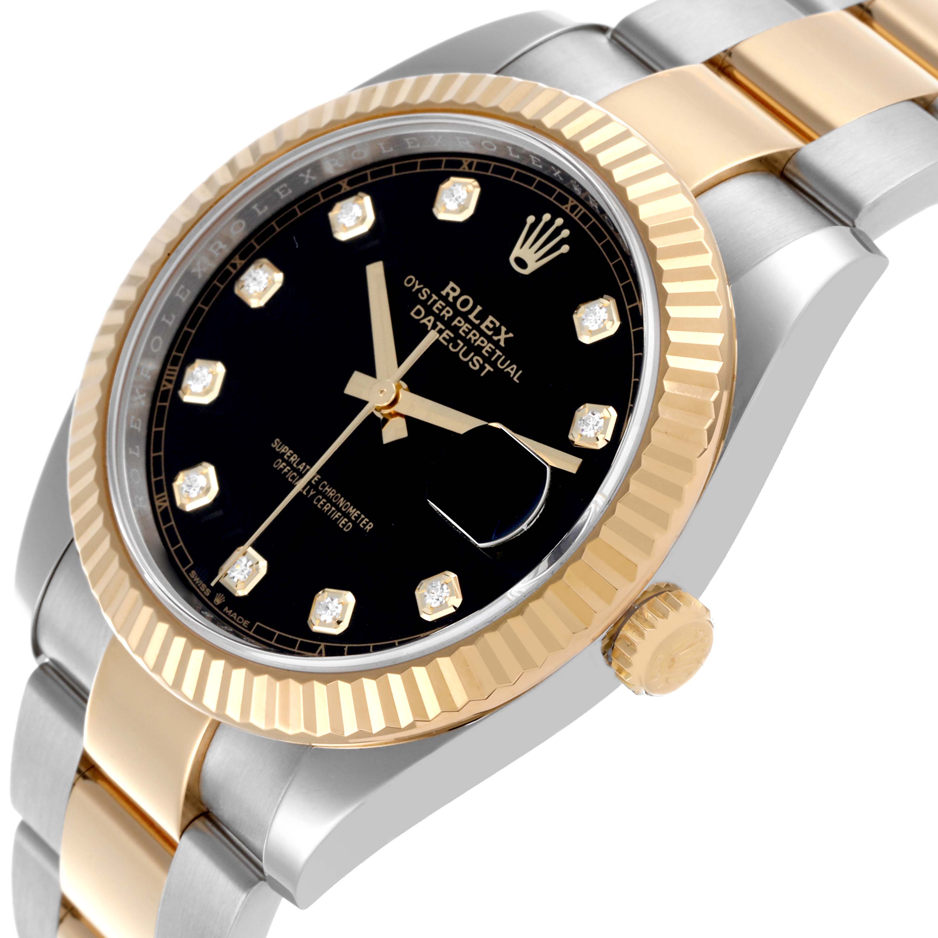The image shows a side angle of the Rolex Datejust 41 126333 Men's Steel and Gold (two tone) Black Dial 126333 Men's Steel and Gold (two tone) Black Dial, highlighting the bezel, dial, crown, and part of the bracelet.