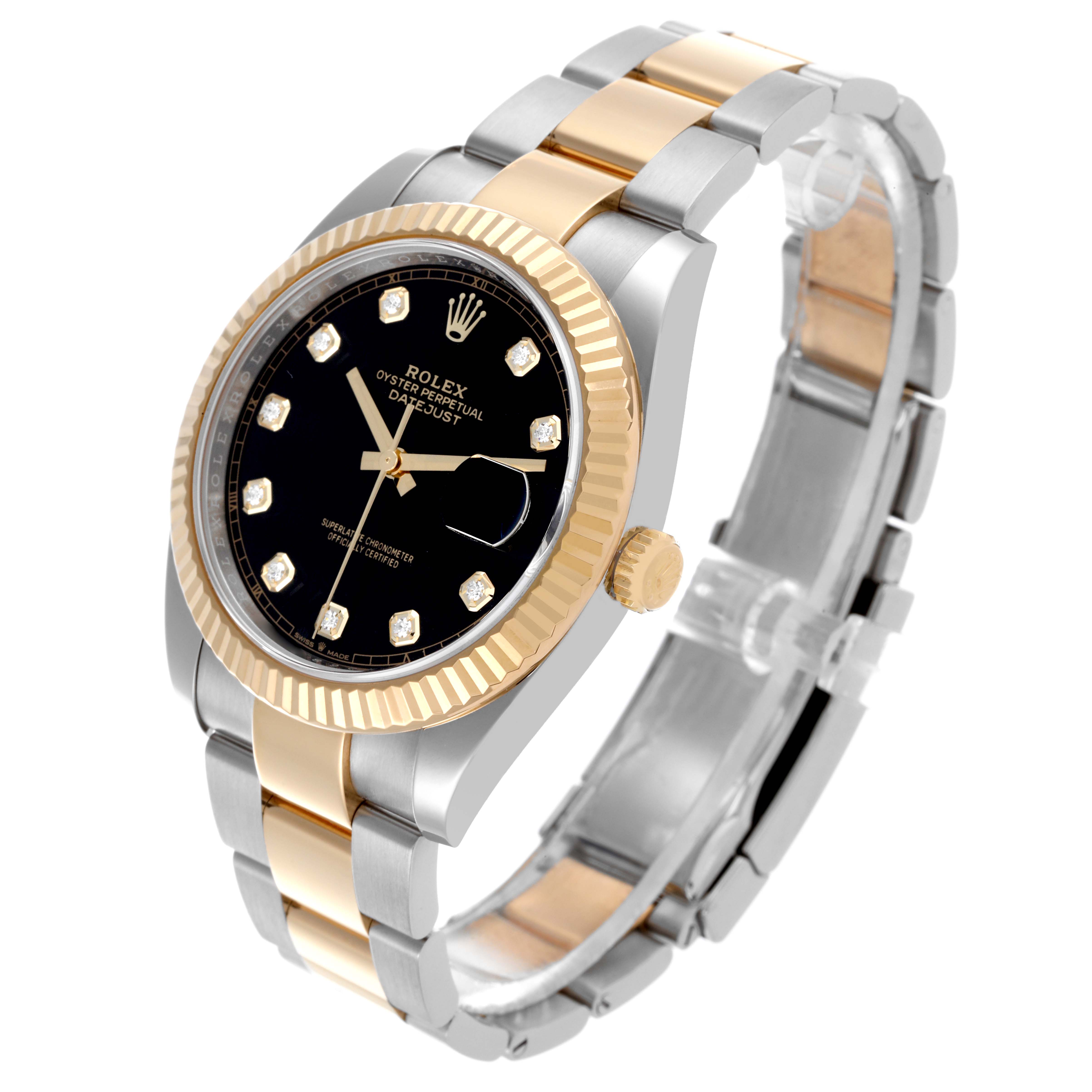 The Rolex Datejust 41 126333 Men's Steel and Gold (two tone) Black Dial 126333 Men's Steel and Gold (two tone) Black Dial is shown at a slight angle, highlighting its gold bezel, black dial with diamond markers, and two-tone bracelet.