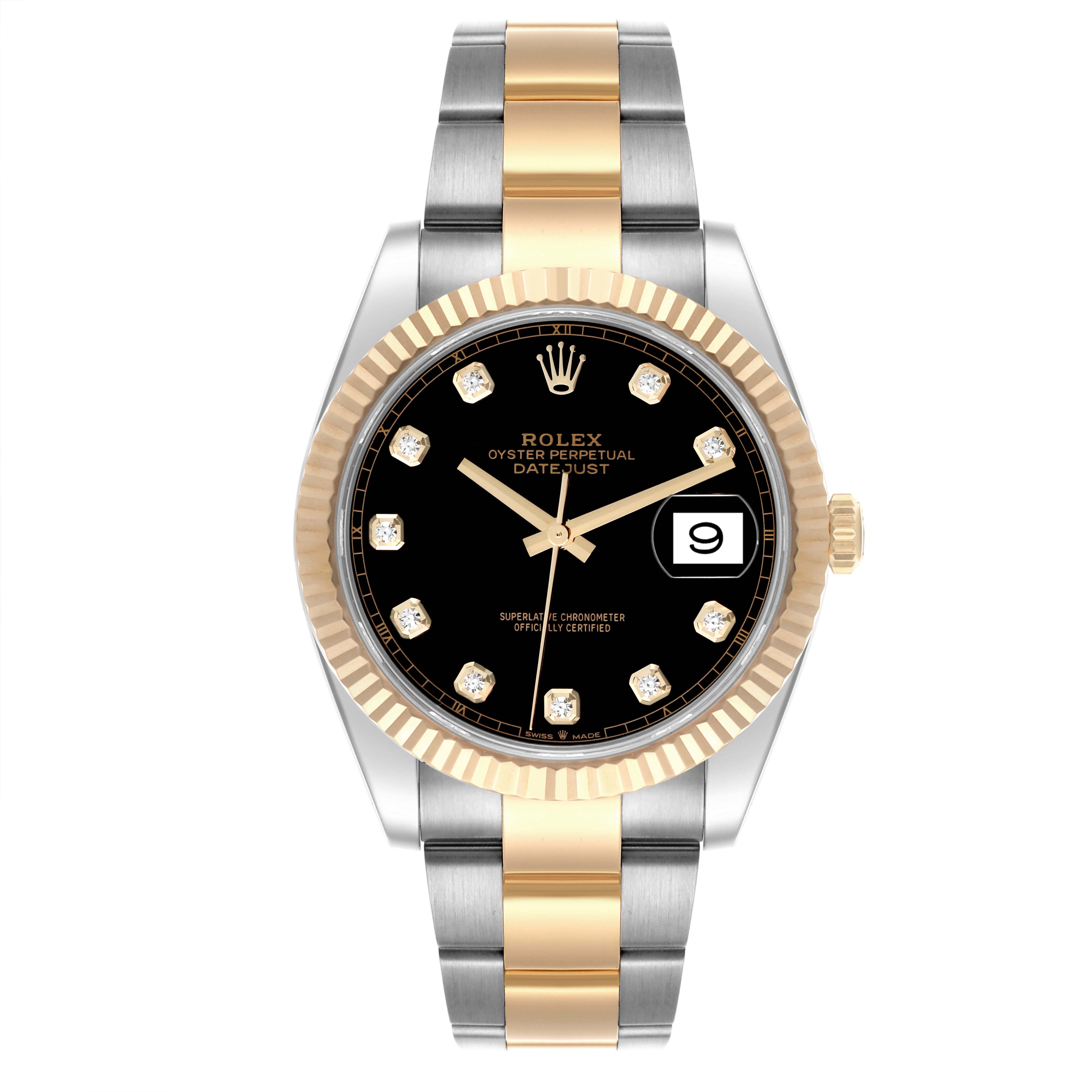 The Rolex Datejust 41 126333 Men's Steel and Gold (two tone) Black Dial 126333 Men's Steel and Gold (two tone) Black Dial is shown from the front, detailing its two-tone bracelet, fluted bezel, black dial, and date window.