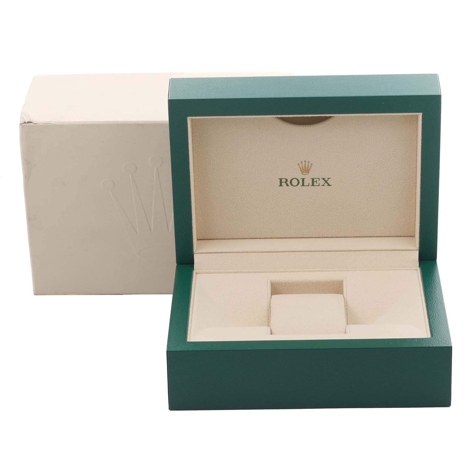 The image shows an open green box for the Rolex Datejust 41 126333 Men's Steel and Gold (two tone) Black Dial 126333 Men's Steel and Gold (two tone) Black Dial, revealing cushioned compartments for the watch.