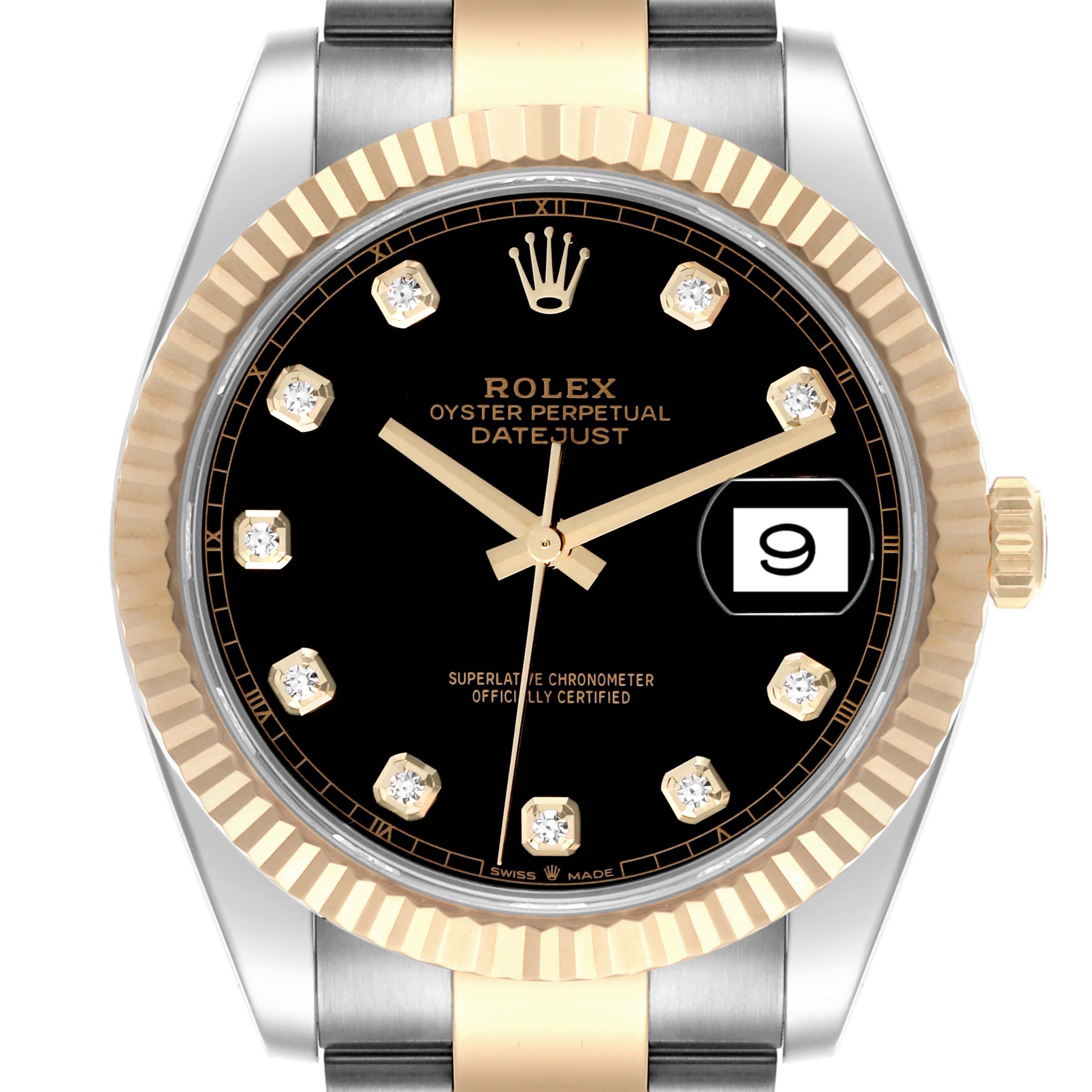 The Rolex Datejust 41 126333 Men's Steel and Gold (two tone) Black Dial 126333 Men's Steel and Gold (two tone) Black Dial model is shown from the front, featuring its black dial, gold markers, and fluted bezel.