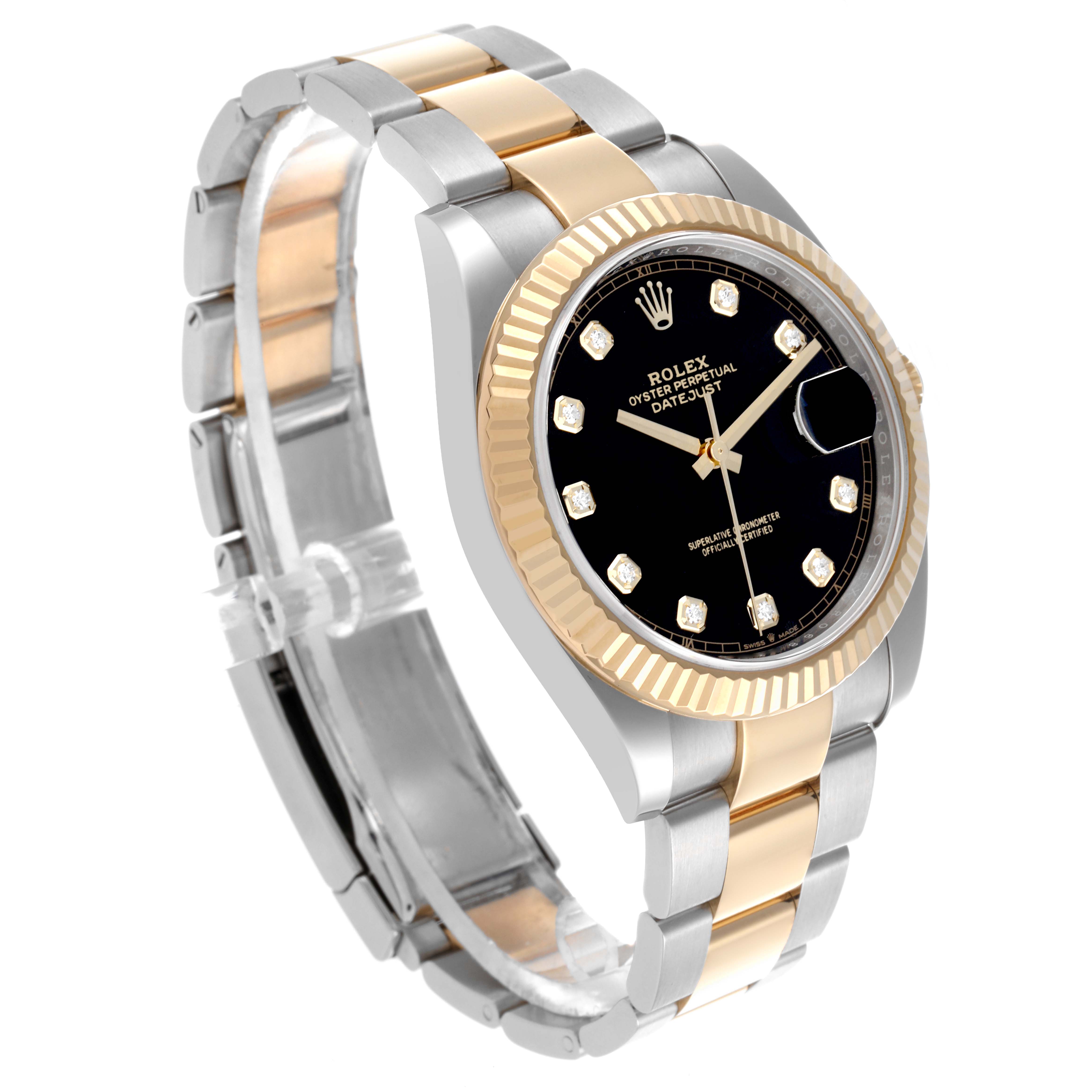 The Rolex Datejust 41 126333 Men's Steel and Gold (two tone) Black Dial 126333 Men's Steel and Gold (two tone) Black Dial is shown at an angle highlighting its gold and silver bracelet, black dial, and fluted bezel.