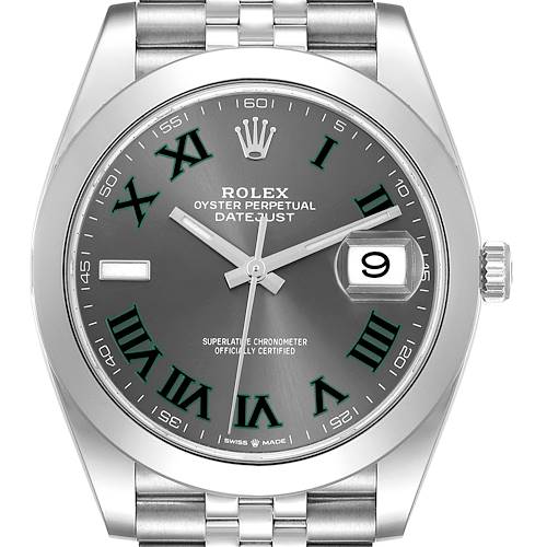 The Rolex Datejust 41 67197 Men's Stainless Steel Grey Dial 67197 Men's Stainless Steel Grey Dial is shown from the front, highlighting the dial, date window, and bezel.