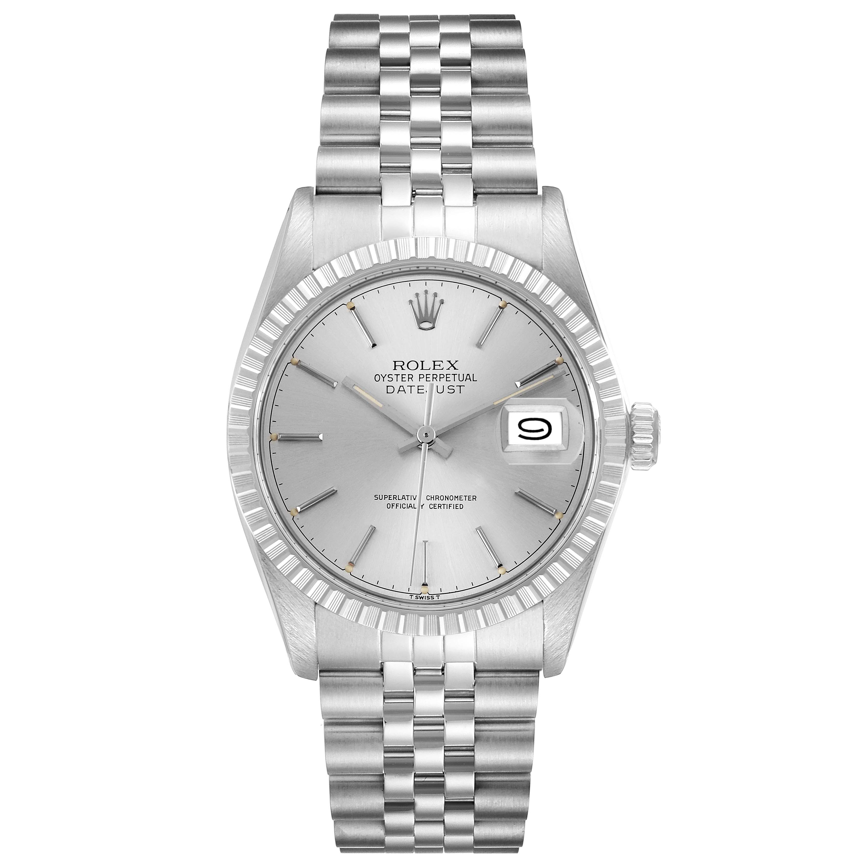 The Rolex Datejust 16030 Men's Stainless Steel Silver Dial 16030 Men's Stainless Steel Silver Dial watch is shown from a top-down angle, displaying the dial, case, bezel, crown, and bracelet.
