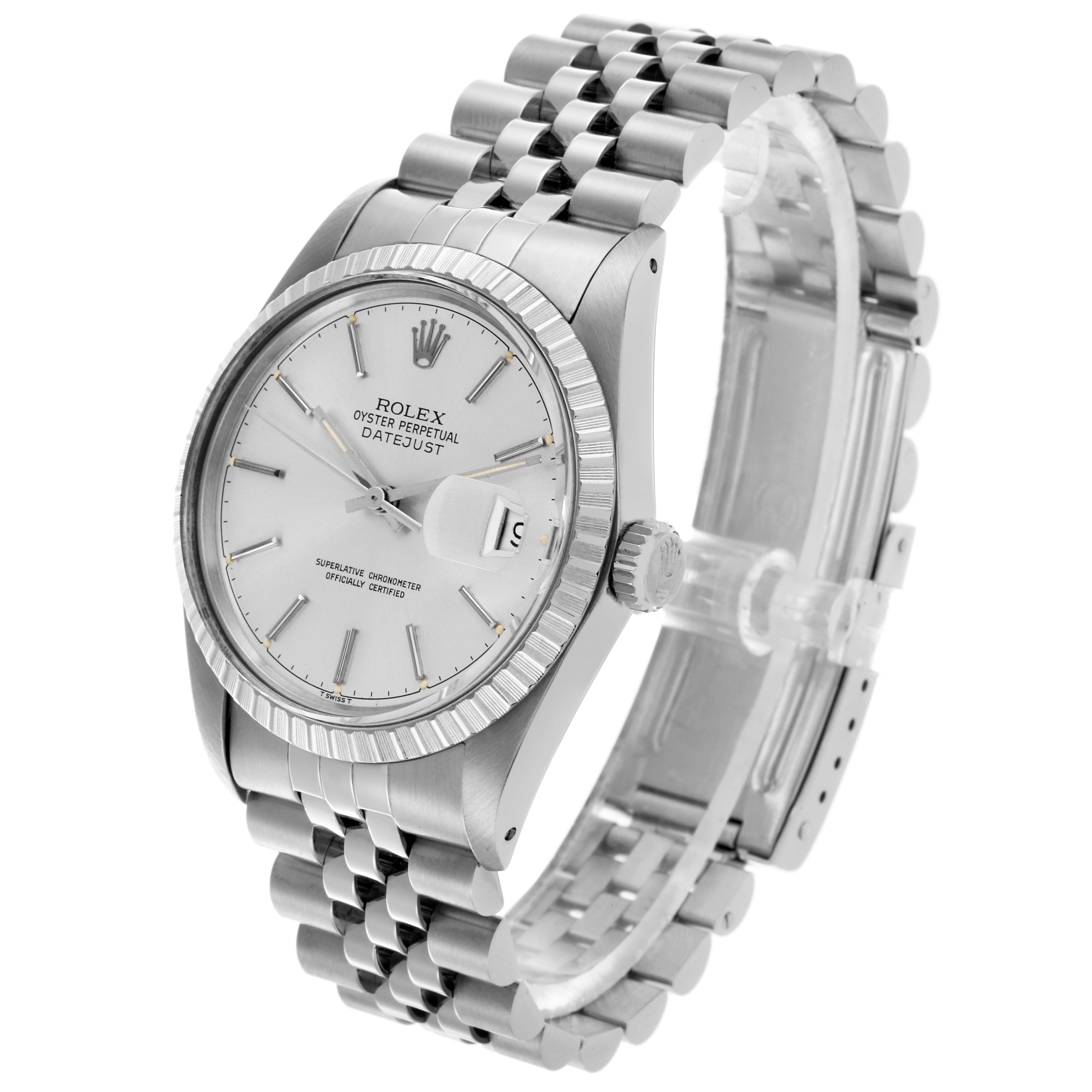 The Rolex Datejust 16030 Men's Stainless Steel Silver Dial 16030 Men's Stainless Steel Silver Dial watch is shown from a three-quarter angle, highlighting its face, bezel, and bracelet.