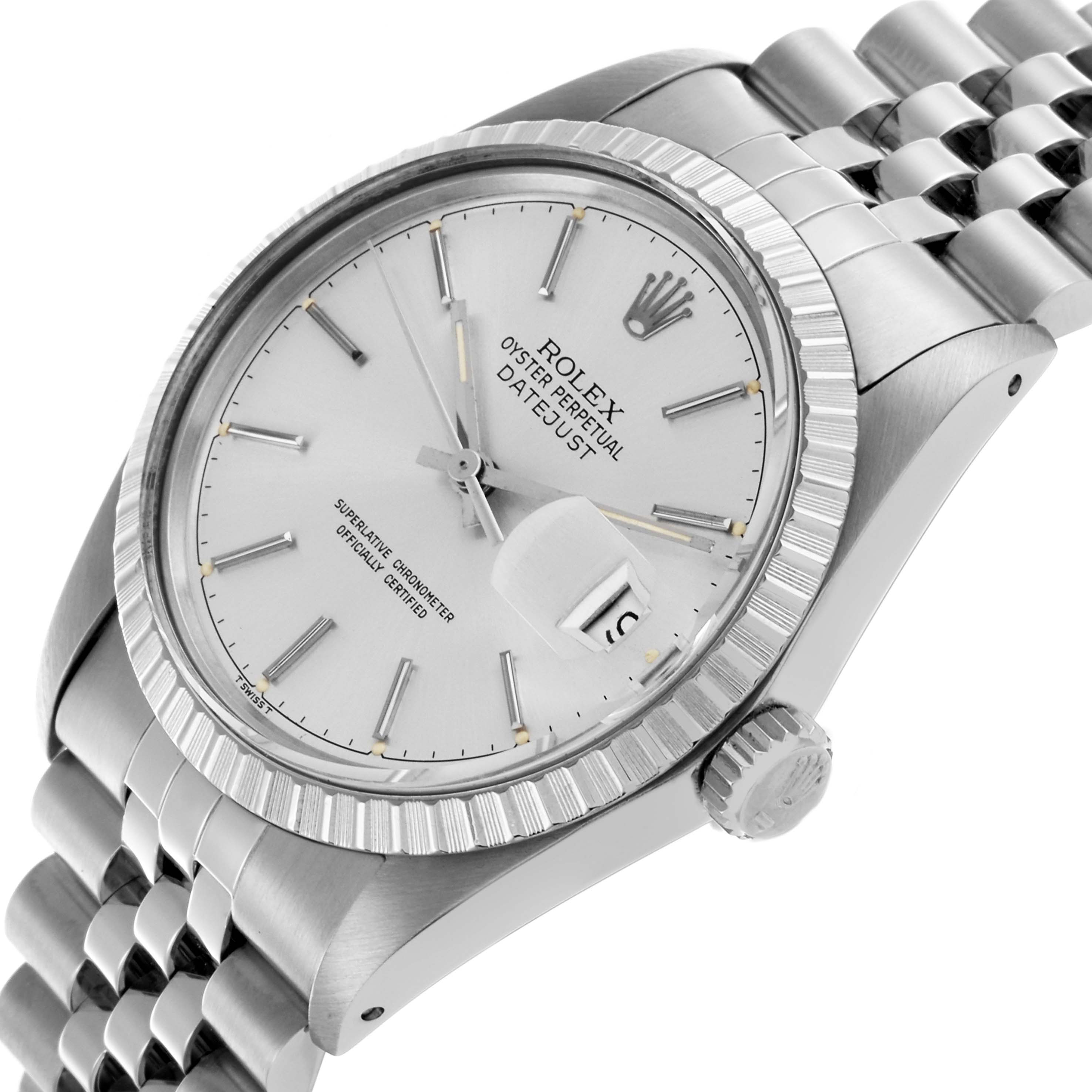 The Rolex Datejust 16030 Men's Stainless Steel Silver Dial 16030 Men's Stainless Steel Silver Dial watch is shown at an angled view, highlighting the dial, bezel, crown, and the jubilee bracelet.