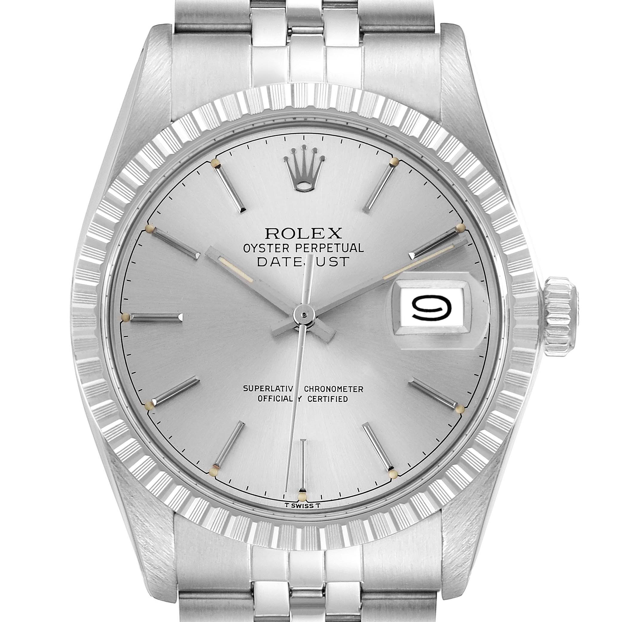 The Rolex Datejust 16030 Men's Stainless Steel Silver Dial 16030 Men's Stainless Steel Silver Dial watch is shown from a front angle, displaying the face, bezel, and part of the bracelet.