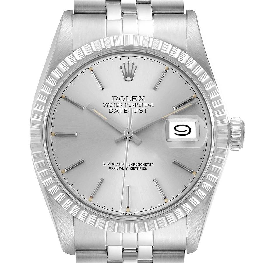 The Rolex Datejust 16030 Men's Stainless Steel Silver Dial 16030 Men's Stainless Steel Silver Dial watch is shown from a front angle, displaying the face, bezel, and part of the bracelet.