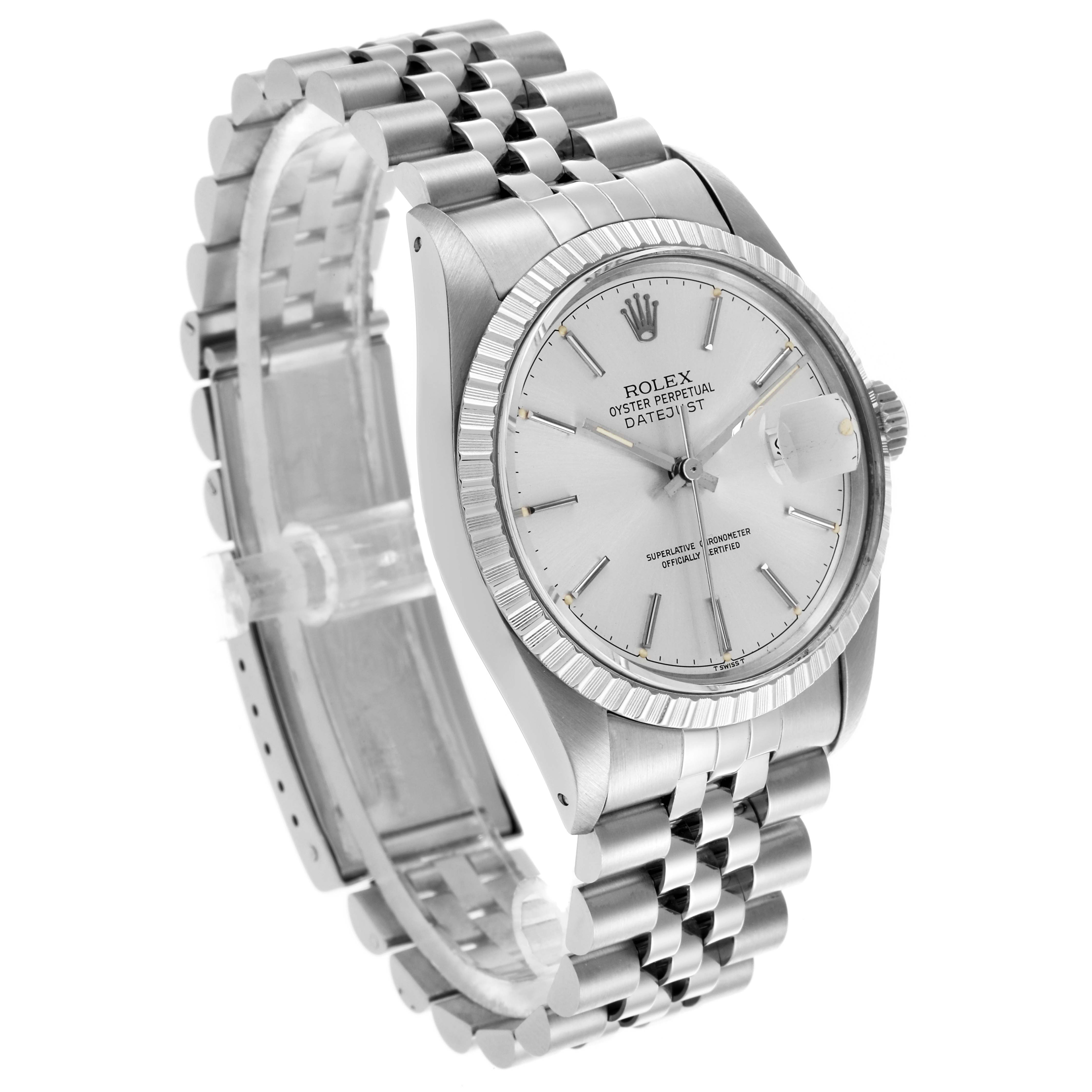 The Rolex Datejust 16030 Men's Stainless Steel Silver Dial 16030 Men's Stainless Steel Silver Dial watch is shown at a three-quarter angle, highlighting the face, bezel, and bracelet.