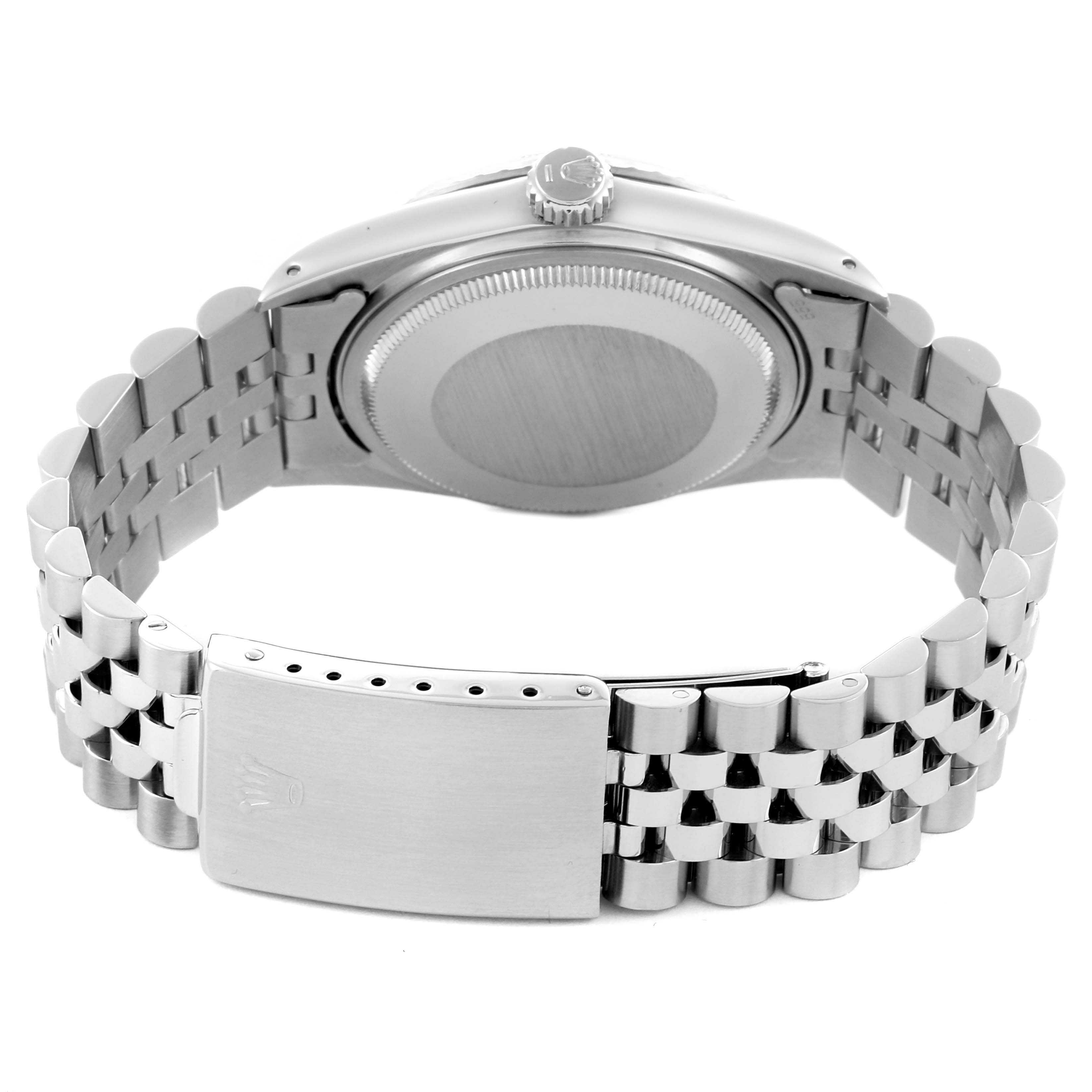 The image shows the back view of a Rolex Datejust 16030 Men's Stainless Steel Silver Dial 16030 Men's Stainless Steel Silver Dial, featuring the case back, crown, and Jubilee bracelet with clasp.