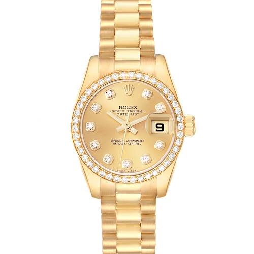 The Rolex President 179138 Women's Yellow Gold Champagne Dial 179138 Women's Yellow Gold Champagne Dial model is shown from a top view, displaying the dial, bezel, and bracelet in gold with diamond accents.