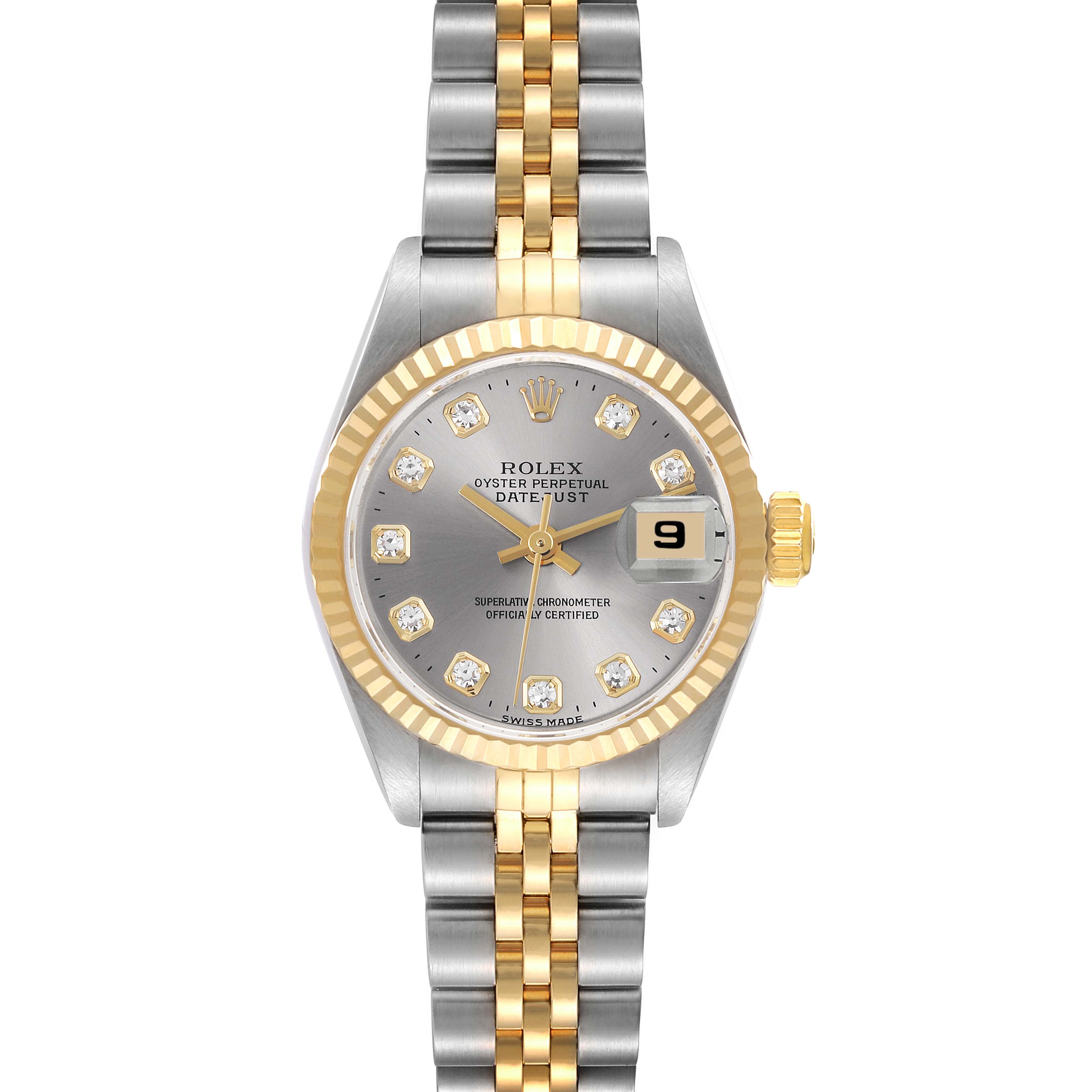 The Rolex Datejust 69173 Women's Steel and Gold (two tone) Silver Dial 69173 Women's Steel and Gold (two tone) Silver Dial watch is shown from the front, highlighting its face, fluted bezel, and Jubilee bracelet.