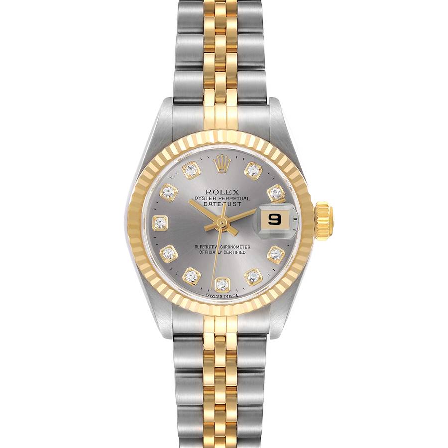 The Rolex Datejust 69173 Women's Steel and Gold (two tone) Silver Dial 69173 Women's Steel and Gold (two tone) Silver Dial watch is shown from the front, highlighting its face, fluted bezel, and Jubilee bracelet.
