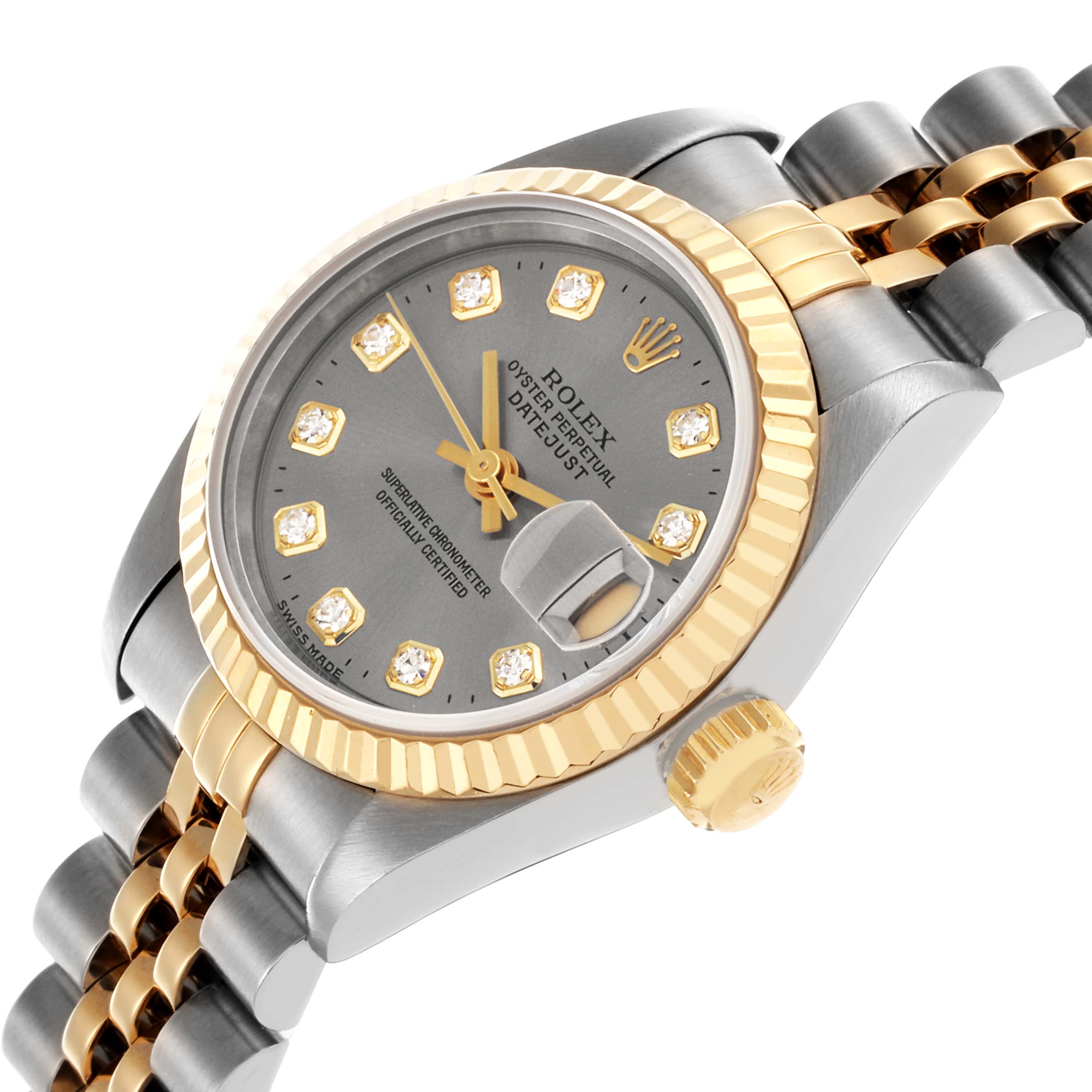 The Rolex Datejust 69173 Women's Steel and Gold (two tone) Silver Dial 69173 Women's Steel and Gold (two tone) Silver Dial watch is shown at an angle highlighting the dial, bezel, crown, and part of the bracelet.