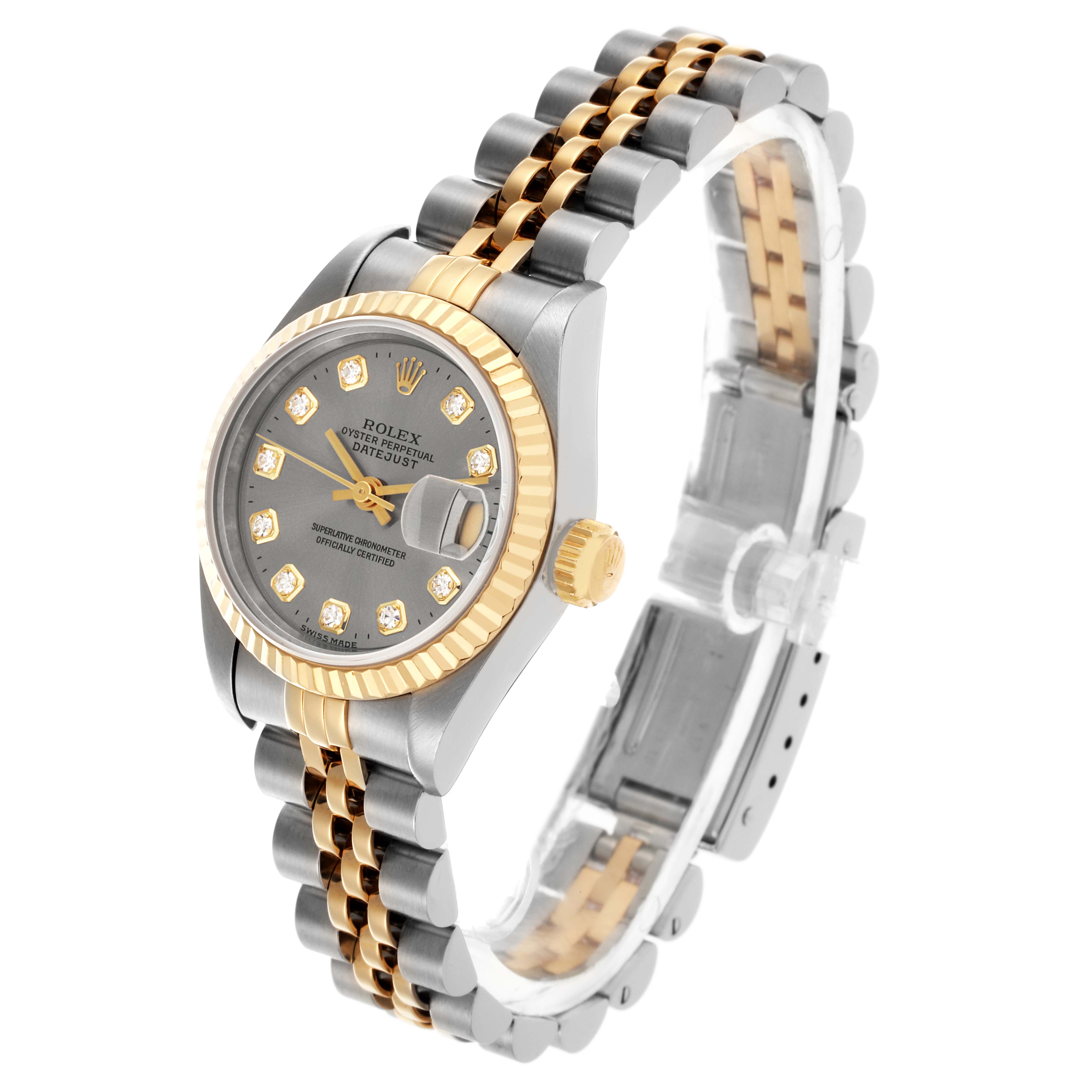 The Rolex Datejust 69173 Women's Steel and Gold (two tone) Silver Dial 69173 Women's Steel and Gold (two tone) Silver Dial is shown at a 45-degree angle, highlighting the dial, bezel, and bracelet.