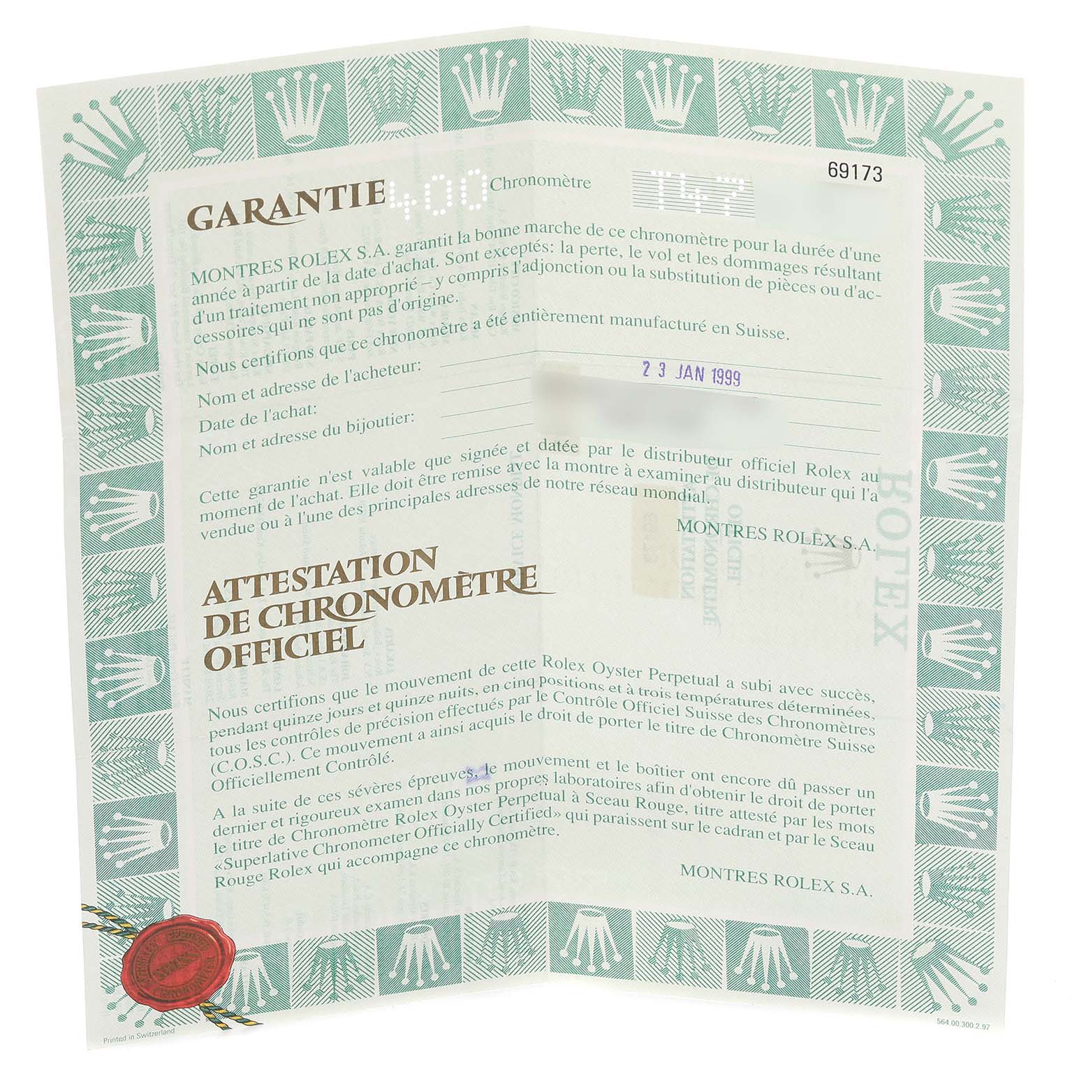 The image shows a warranty certificate for a Rolex Datejust 69173 Women's Steel and Gold (two tone) Silver Dial 69173 Women's Steel and Gold (two tone) Silver Dial model, viewed from the front.