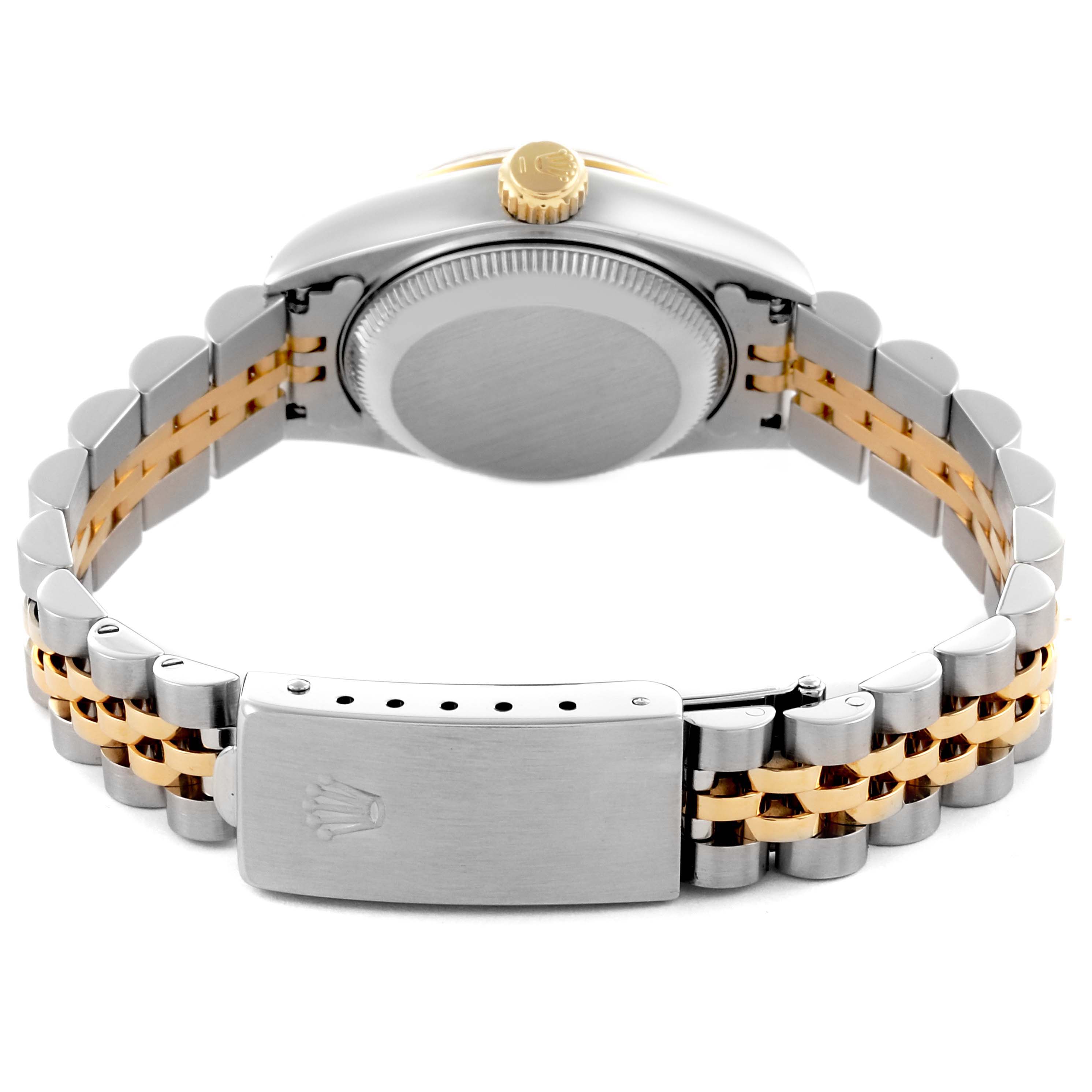 The image shows the back case and bracelet clasp of the Rolex Datejust 69173 Women's Steel and Gold (two tone) Silver Dial 69173 Women's Steel and Gold (two tone) Silver Dial, viewed from the rear.