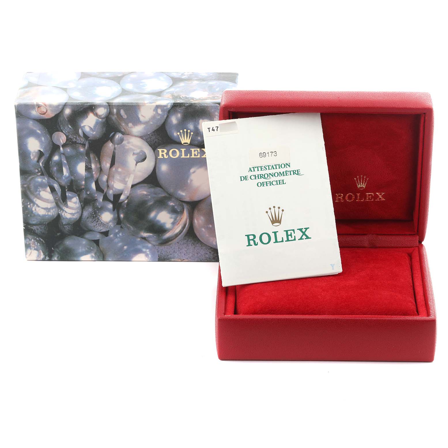 The image shows a Rolex Datejust 69173 Women's Steel and Gold (two tone) Silver Dial 69173 Women's Steel and Gold (two tone) Silver Dial certificate, red box, and outer packaging from a frontal angle.