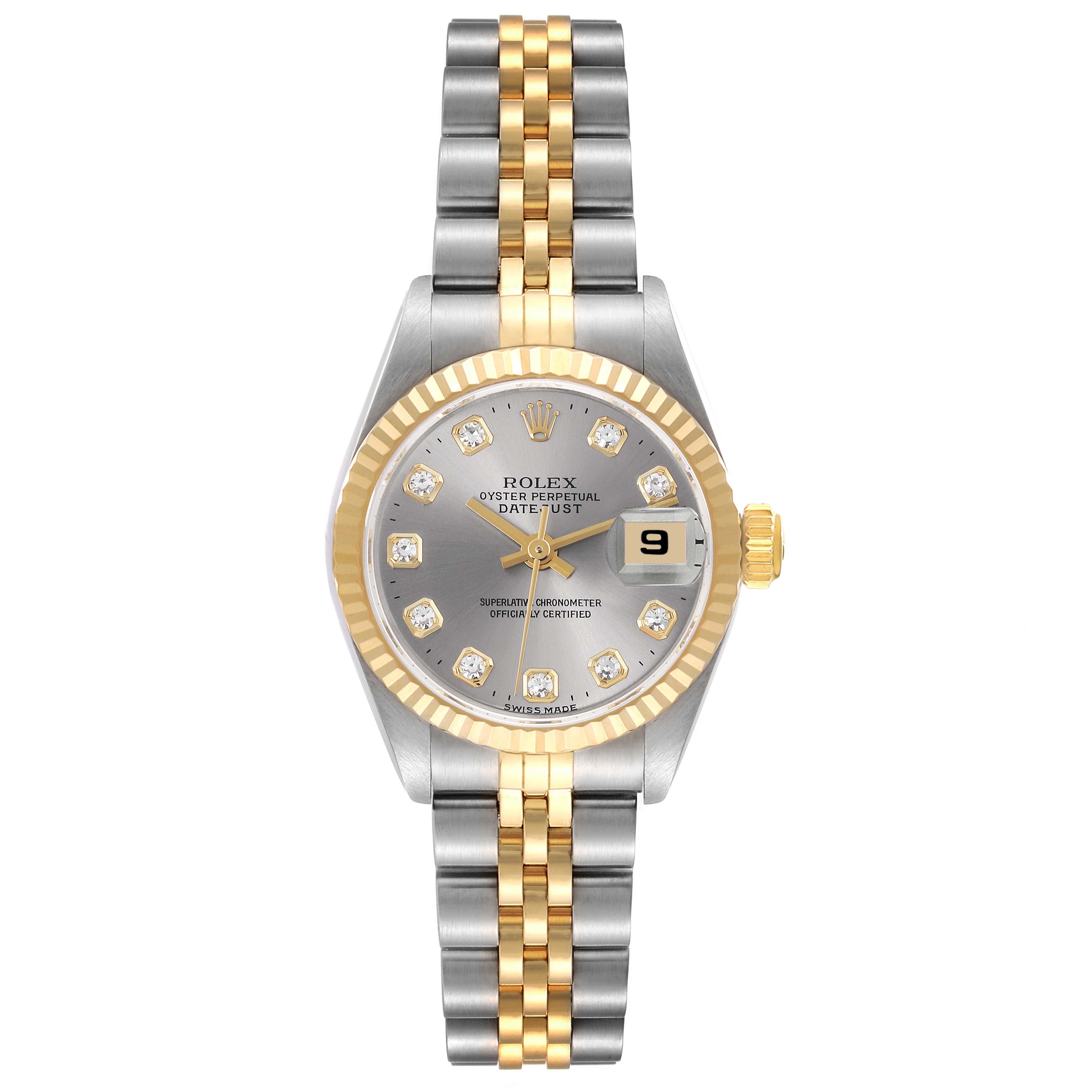 The Rolex Datejust 69173 Women's Steel and Gold (two tone) Silver Dial 69173 Women's Steel and Gold (two tone) Silver Dial watch is shown from a top view, highlighting its dial, fluted bezel, two-tone bracelet, and date window.
