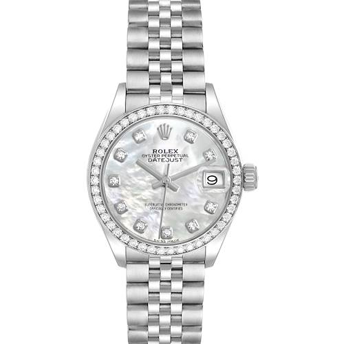The image shows a front view of the Rolex Datejust 279384 Women's Stainless Steel Mother of Pearl Dial 279384 Women's Stainless Steel Mother of Pearl Dial watch, highlighting the dial, bezel, and bracelet.