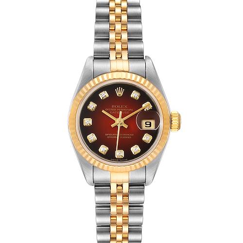 This image shows a front view of a Rolex Datejust 79173 Women's Steel and Gold (two tone) Red Dial 79173 Women's Steel and Gold (two tone) Red Dial watch, displaying its dial, bezel, and bracelet.