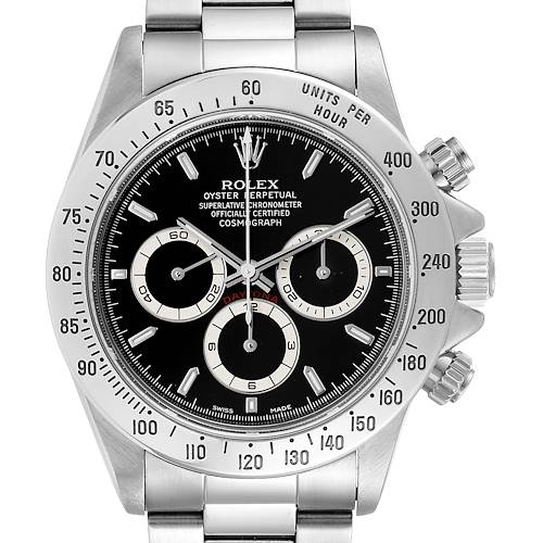 The image shows a front view of a Rolex Daytona 16520 Men's Stainless Steel Black Dial 16520 Men's Stainless Steel Black Dial watch, highlighting the dial, chronograph sub-dials, bezel, and crown.