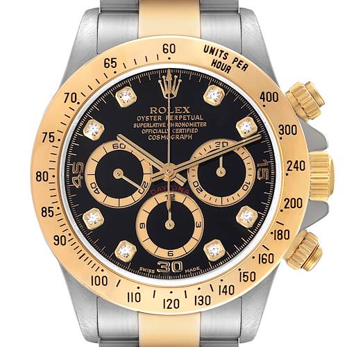 Front view showing the dial, bezel, and part of the bracelet of the Rolex Daytona 16523G Men's Steel and Gold (two tone) Black Dial 16523G Men's Steel and Gold (two tone) Black Dial watch.