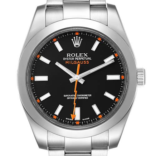 The Rolex Milgauss 116400 Men's Stainless Steel Black Dial 116400 Men's Stainless Steel Black Dial watch is shown from the front, displaying its black dial, orange lightning bolt second hand, and metal bracelet.