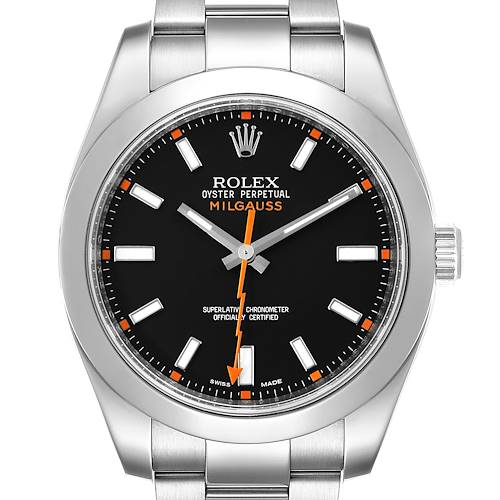 The image shows a front view of a Rolex Milgauss 116400 Men's Stainless Steel Black Dial 116400 Men's Stainless Steel Black Dial watch, highlighting the dial, hands, crown, and part of the bracelet.