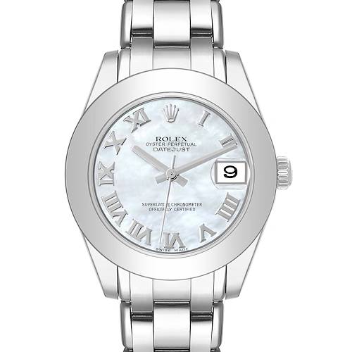 The Rolex Pearlmaster 81209 Women's White Gold Mother of Pearl Dial 81209 Women's White Gold Mother of Pearl Dial watch is shown from the front, displaying its face, bezel, dial, and bracelet links.