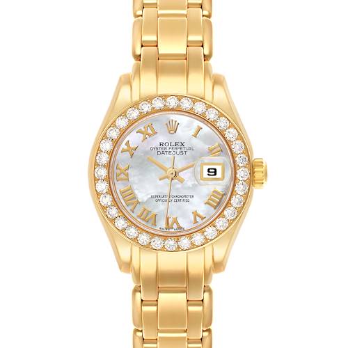 The Rolex Pearlmaster 69298 Women's Yellow Gold Mother of Pearl Dial 69298 Women's Yellow Gold Mother of Pearl Dial watch is shown from the front, displaying its face, bracelet, and diamond-set bezel.