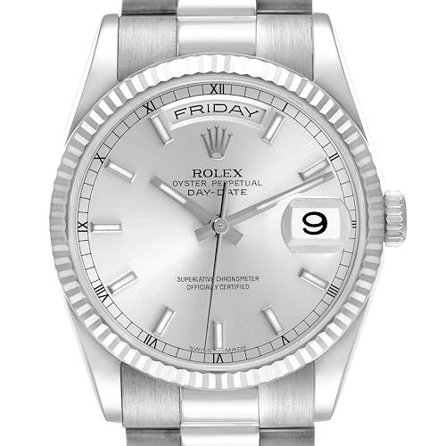 The Rolex President 118239 Men's White Gold Silver Dial 118239 Men's White Gold Silver Dial model is shown from a frontal angle, highlighting the face, bezel, and part of the bracelet.