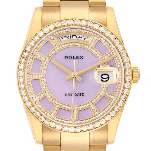 The Rolex President 118348 Men's Yellow Gold Purple Dial 118348 Men's Yellow Gold Purple Dial watch is shown from a top-down angle, highlighting the purple dial, diamond bezel, and gold bracelet.