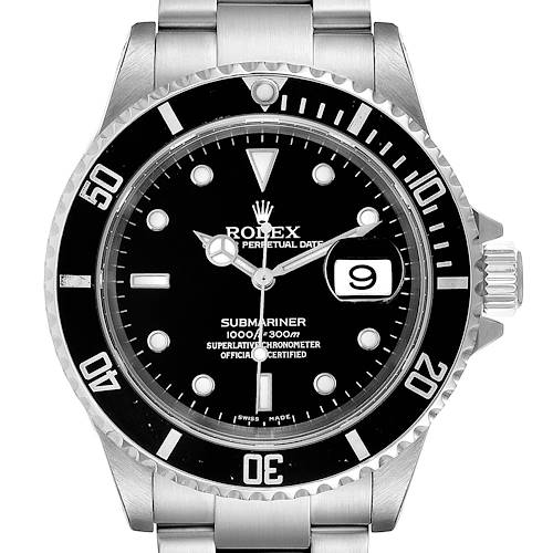 This image shows a front view of a Rolex Submariner 16610 Men's Stainless Steel Black Dial 16610 Men's Stainless Steel Black Dial watch, highlighting the dial, bezel, and date window.