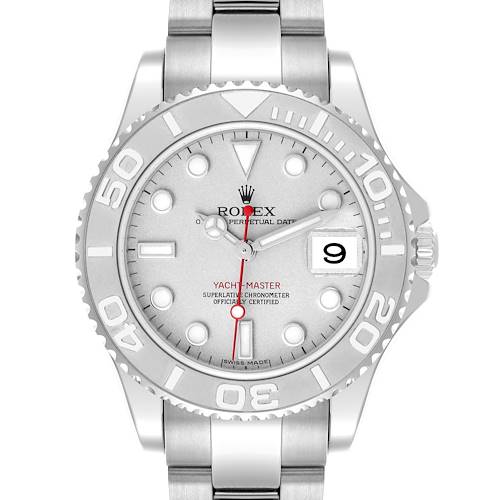 The Rolex Yacht-Master 168622 Men's Stainless Steel Silver Dial 168622 Men's Stainless Steel Silver Dial watch is shown from a front angle, displaying its dial and bezel.