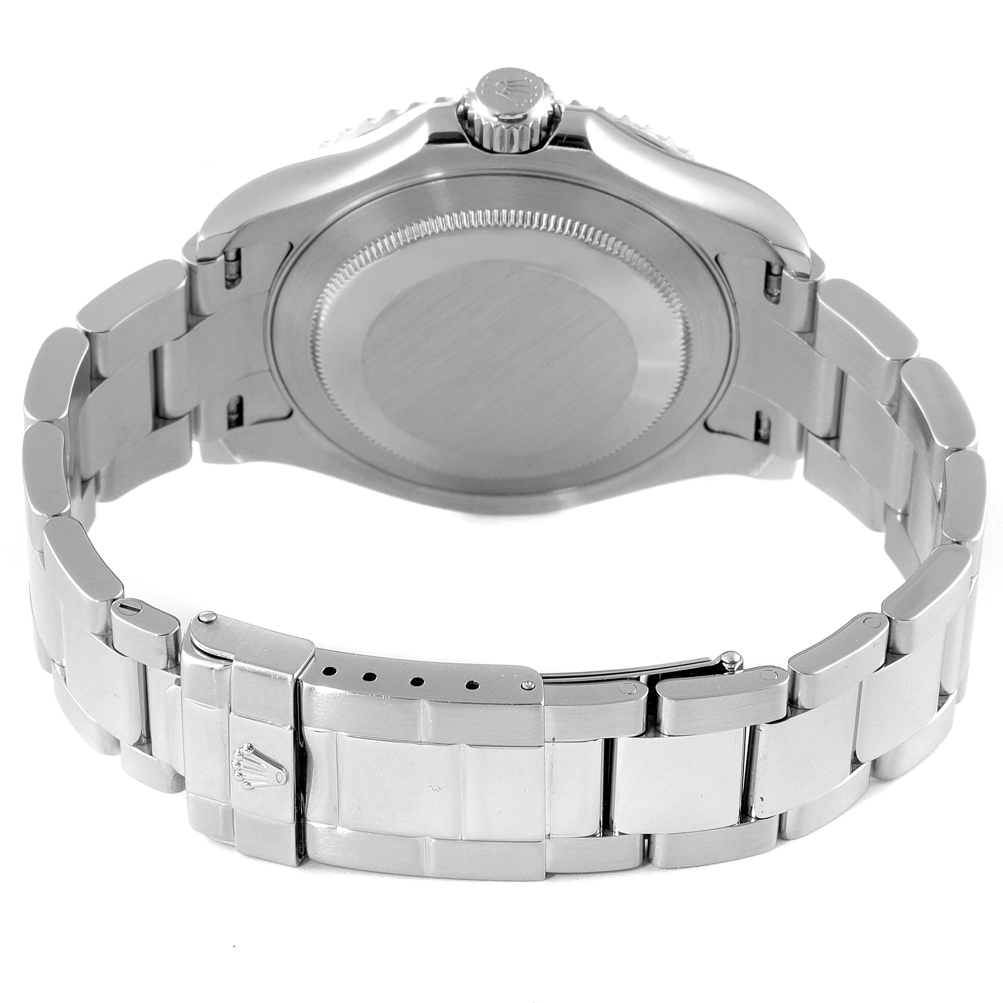 This image shows the back view of a Rolex Yacht-Master 16622 Men's Stainless Steel Silver Dial 16622 Men's Stainless Steel Silver Dial watch, focusing on its case back, crown, and metal bracelet.