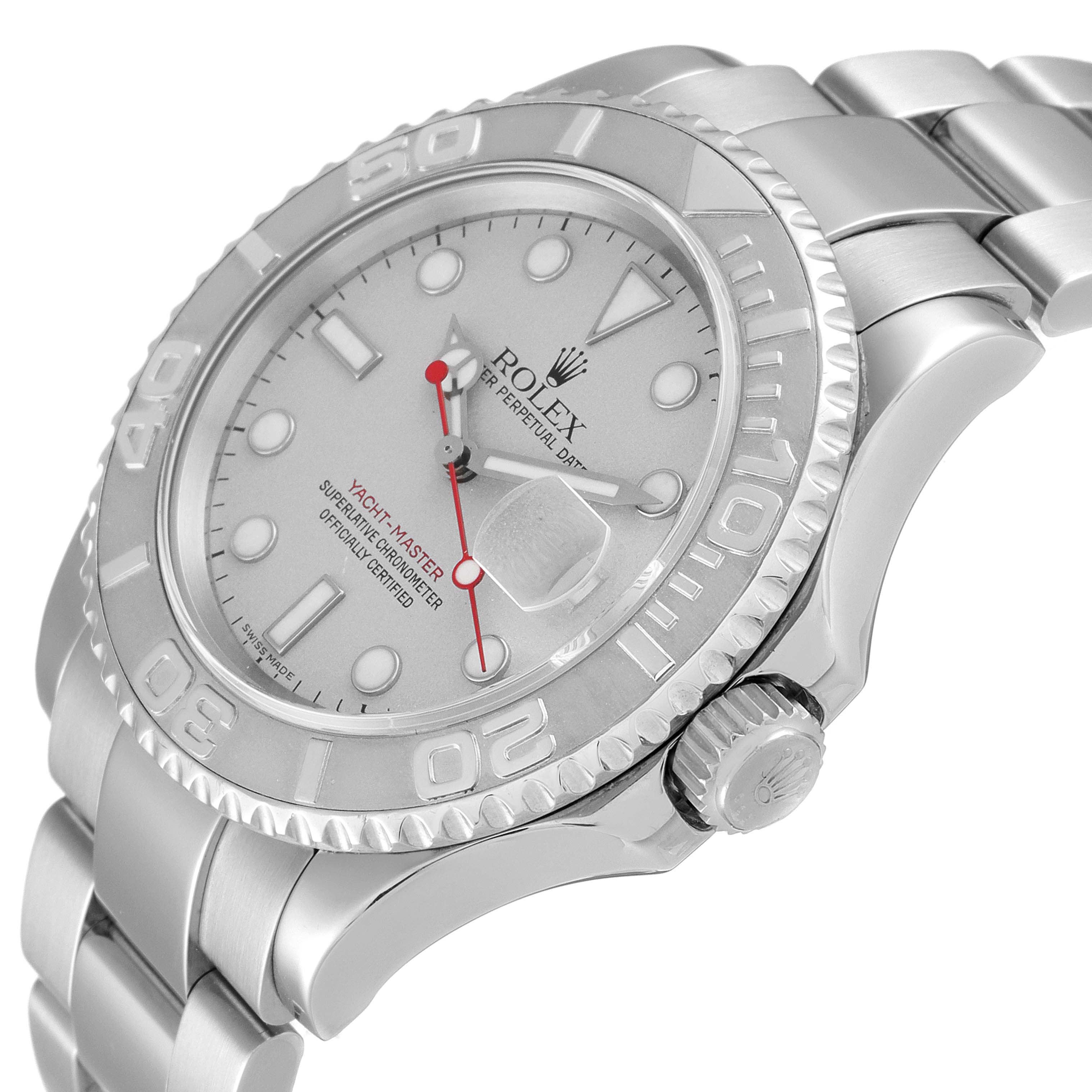 The image shows an angled side view of a Rolex Yacht-Master 16622 Men's Stainless Steel Silver Dial 16622 Men's Stainless Steel Silver Dial watch, highlighting the face, bezel, crown, and part of the bracelet.