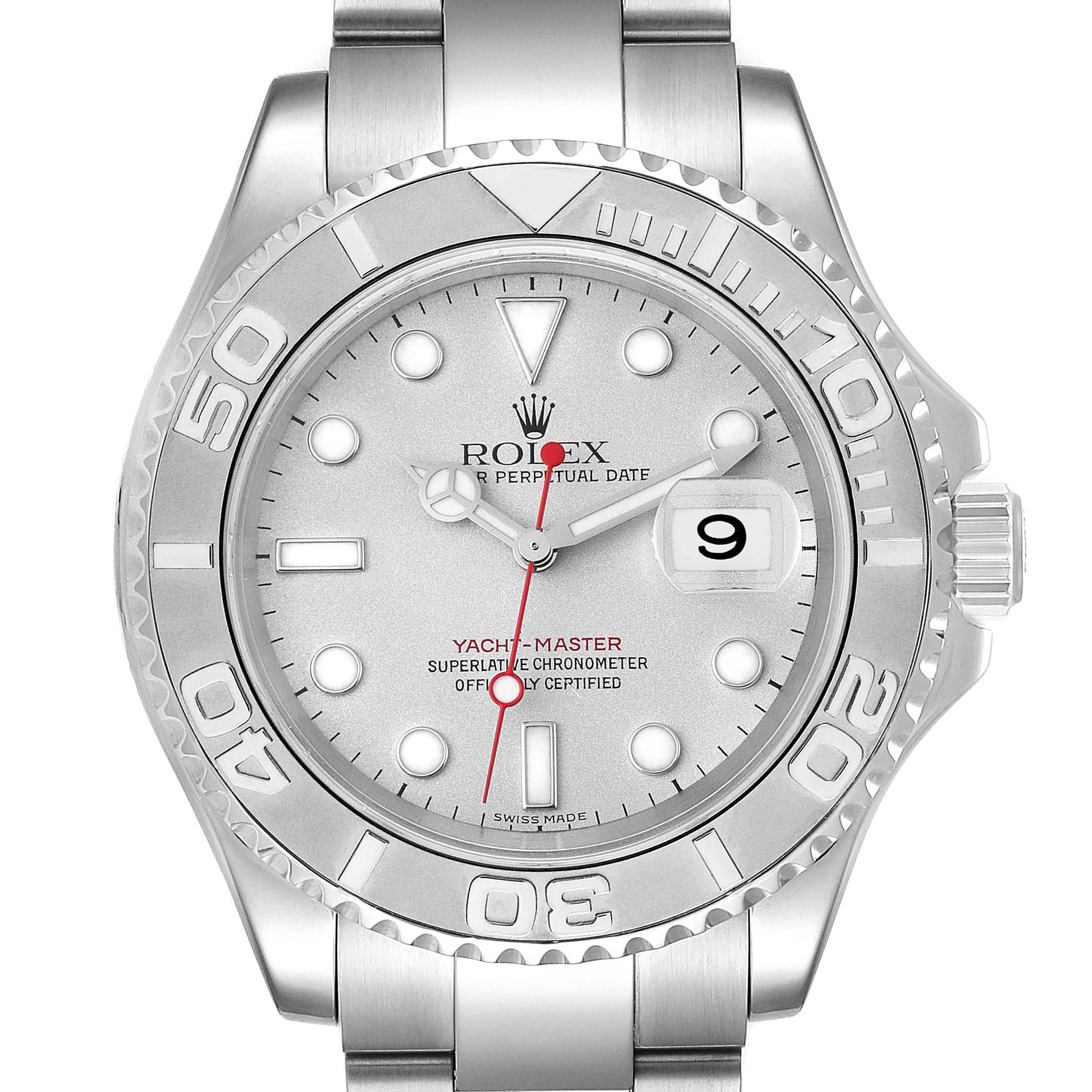 This image shows a front view of a Rolex Yacht-Master 16622 Men's Stainless Steel Silver Dial 16622 Men's Stainless Steel Silver Dial watch displaying its face, bezel, crown, and bracelet links.