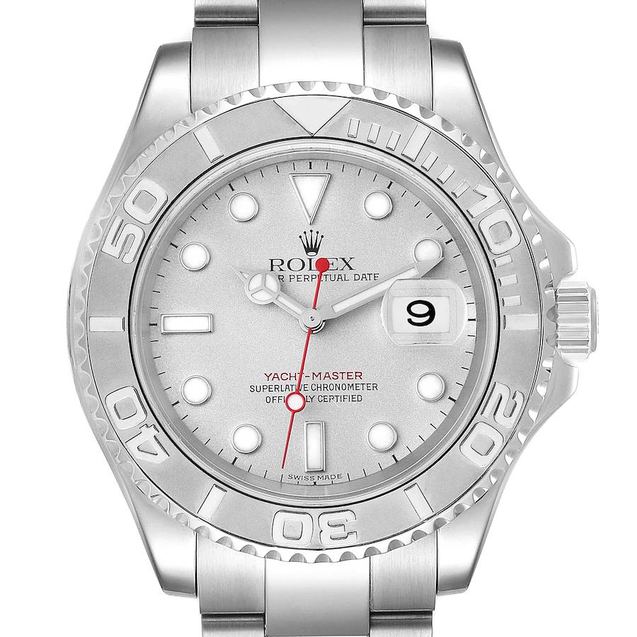 This image shows a front view of a Rolex Yacht-Master 16622 Men's Stainless Steel Silver Dial 16622 Men's Stainless Steel Silver Dial watch displaying its face, bezel, crown, and bracelet links.