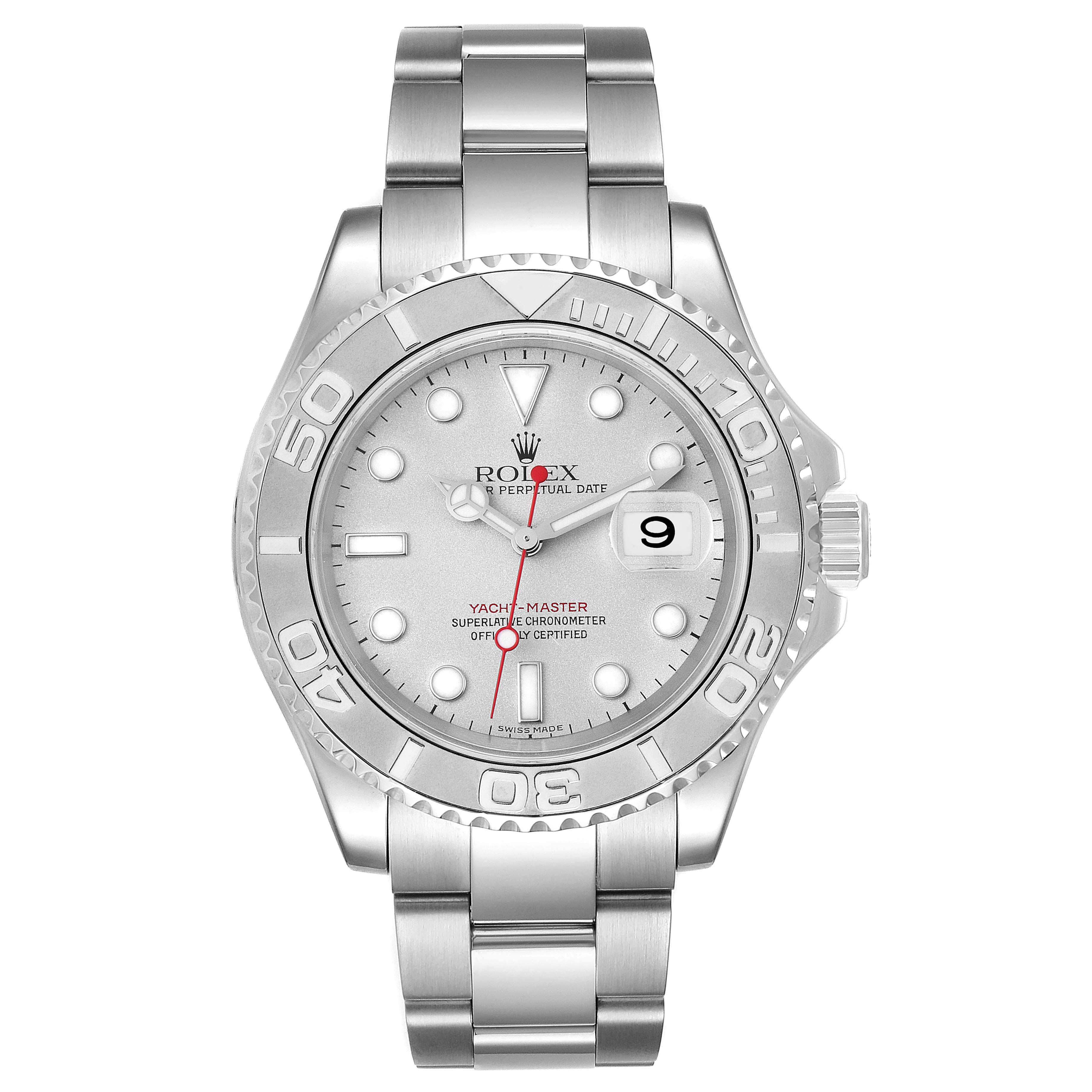 This image shows a front view of a Rolex Yacht-Master 16622 Men's Stainless Steel Silver Dial 16622 Men's Stainless Steel Silver Dial watch, highlighting its dial, bezel, and bracelet.