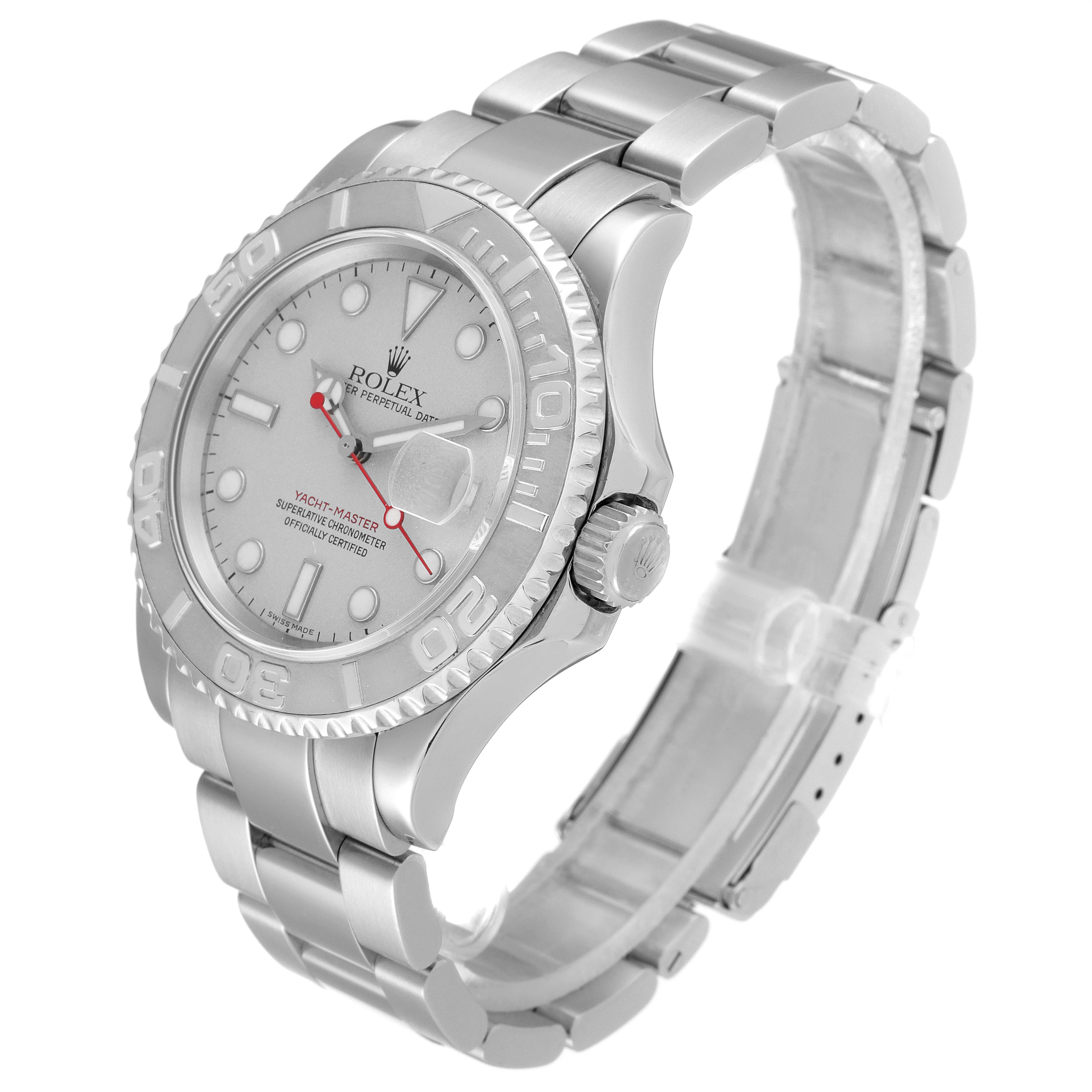 The Rolex Yacht-Master 16622 Men's Stainless Steel Silver Dial 16622 Men's Stainless Steel Silver Dial watch is shown at a slight angle, displaying its face, bezel, crown, and stainless steel bracelet.