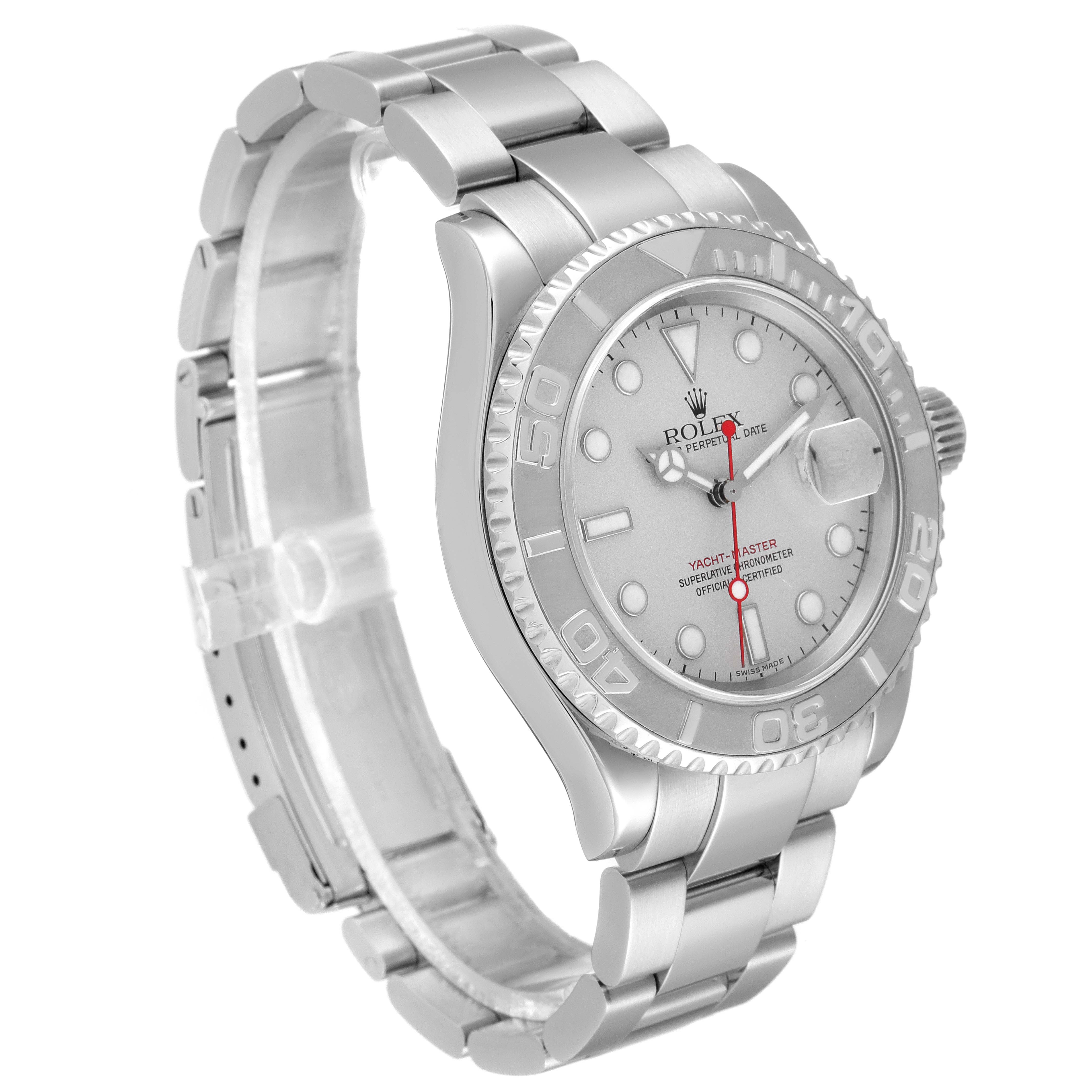 The image shows a Rolex Yacht-Master 16622 Men's Stainless Steel Silver Dial 16622 Men's Stainless Steel Silver Dial watch from a front-side angle, highlighting the bezel, dial, and bracelet.