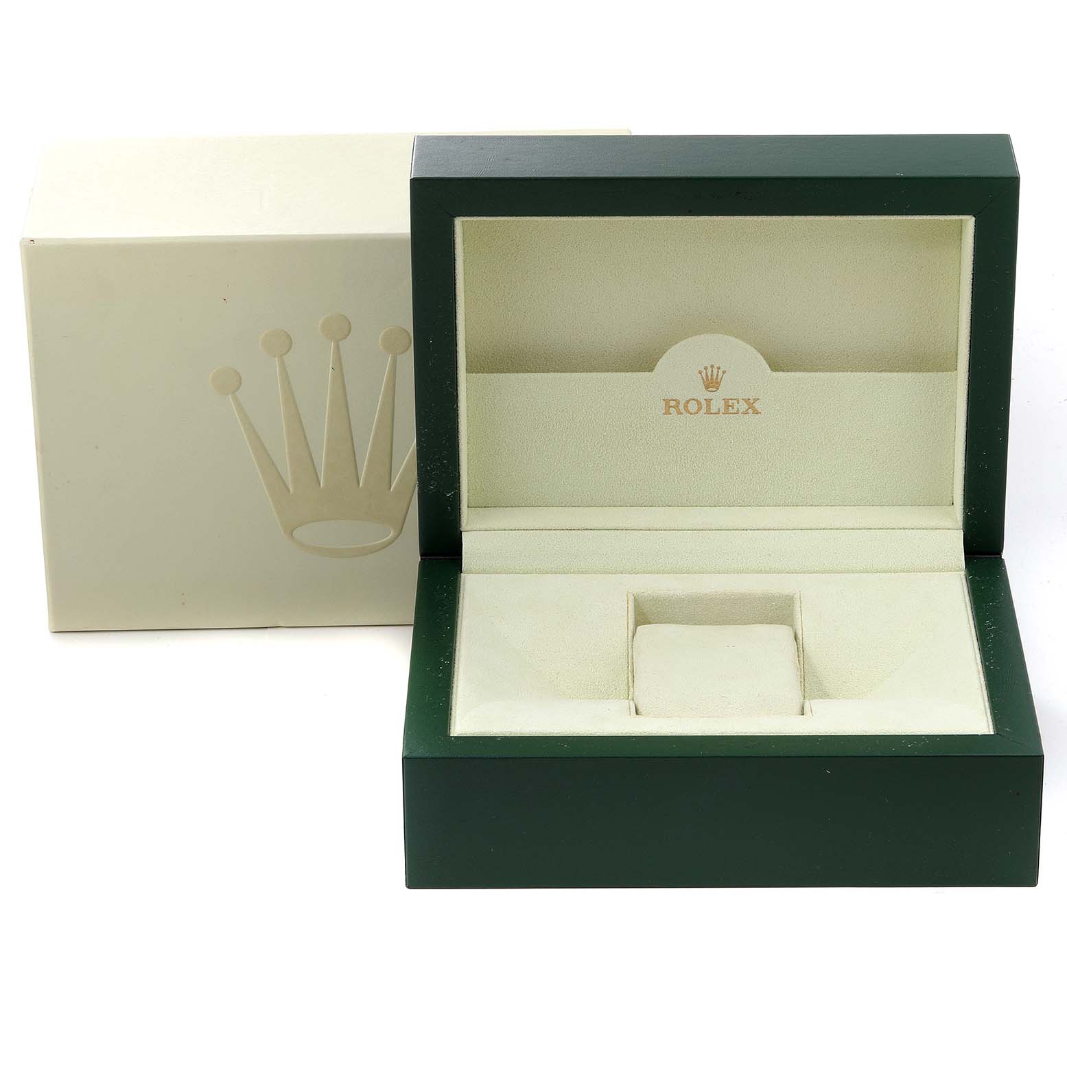 The image shows an open green and beige Rolex watch box for the Yacht-Master model, with an outer beige box beside it.