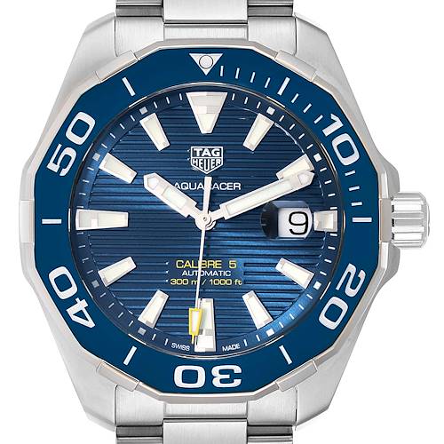 The image shows a front view of the Tag Heuer Aquaracer WAY201B Men's Stainless Steel Blue Dial WAY201B Men's Stainless Steel Blue Dial watch with a blue dial, silver hands, and a metal band.