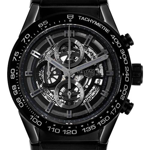 The image shows a front view of the Tag Heuer Carrera CAR2A90.FT6071 Men's Ceramic Black Dial CAR2A90.FT6071 Men's Ceramic Black Dial watch, highlighting its detailed dial and tachymeter bezel.