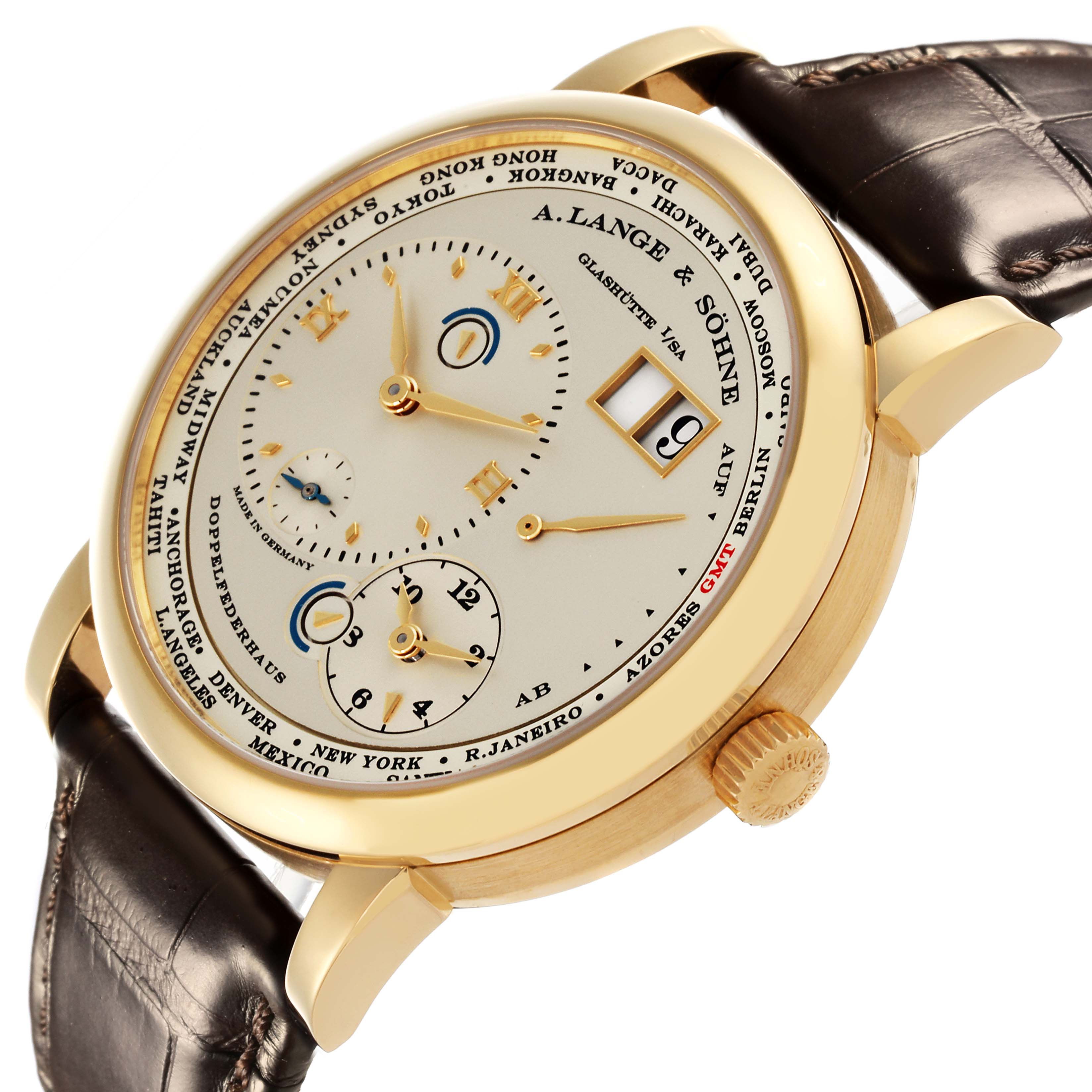 The A. Lange & Sohne Lange 1 116.021 Men's Yellow Gold Silver Dial watch is shown from a top-side angle, displaying the dial, bezel, crown, and leather strap.