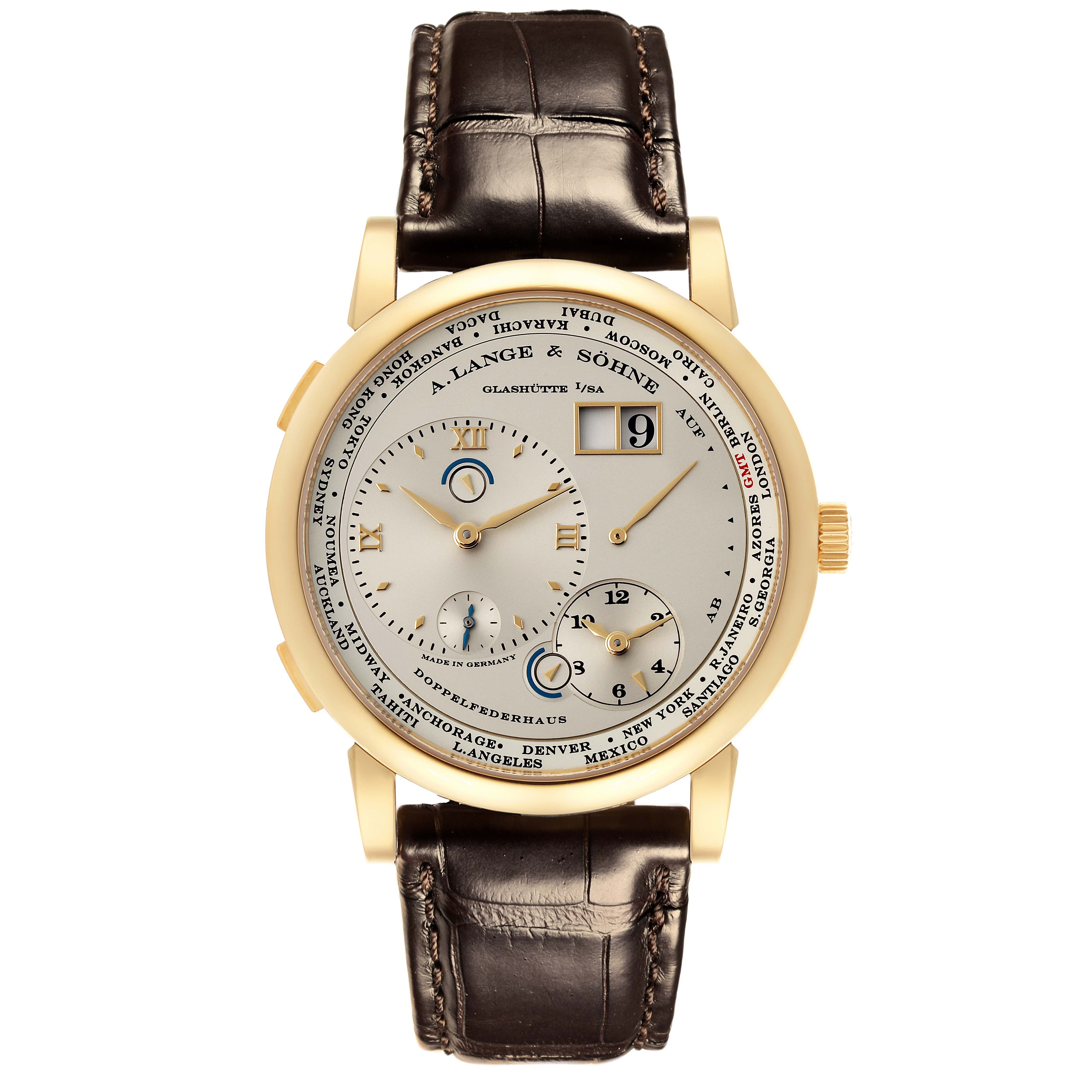 The A. Lange & Sohne Lange 1 116.021 Men's Yellow Gold Silver Dial watch is shown from the front, displaying its face, dials, and leather strap.